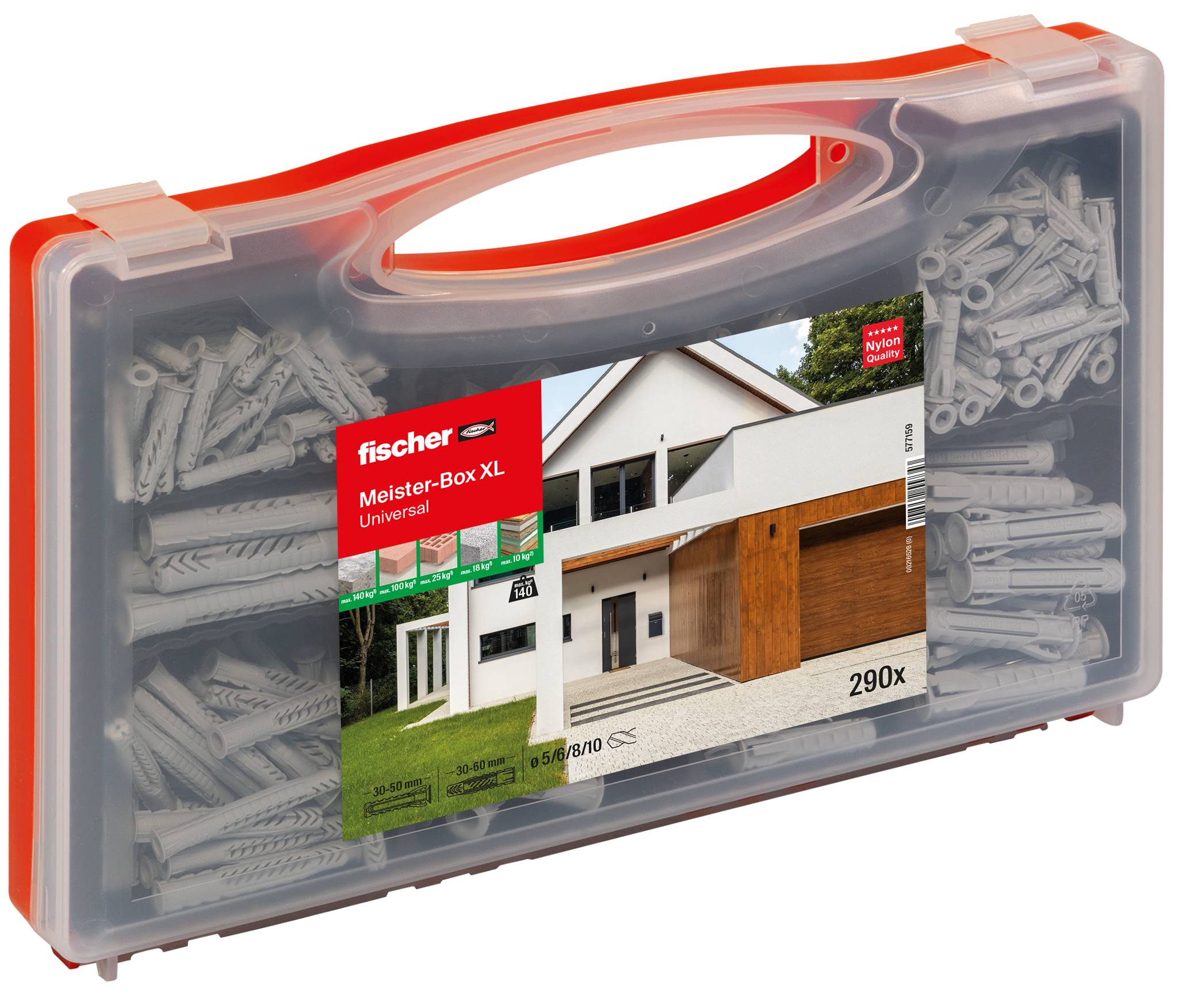 Eine klare Kunststoff-Organizer-Box gefüllt mit Wandsteckern und Dübeln, beschriftet mit „fischer Meister-Box XL Universal" mit einem Hausbild auf der Vorderseite.