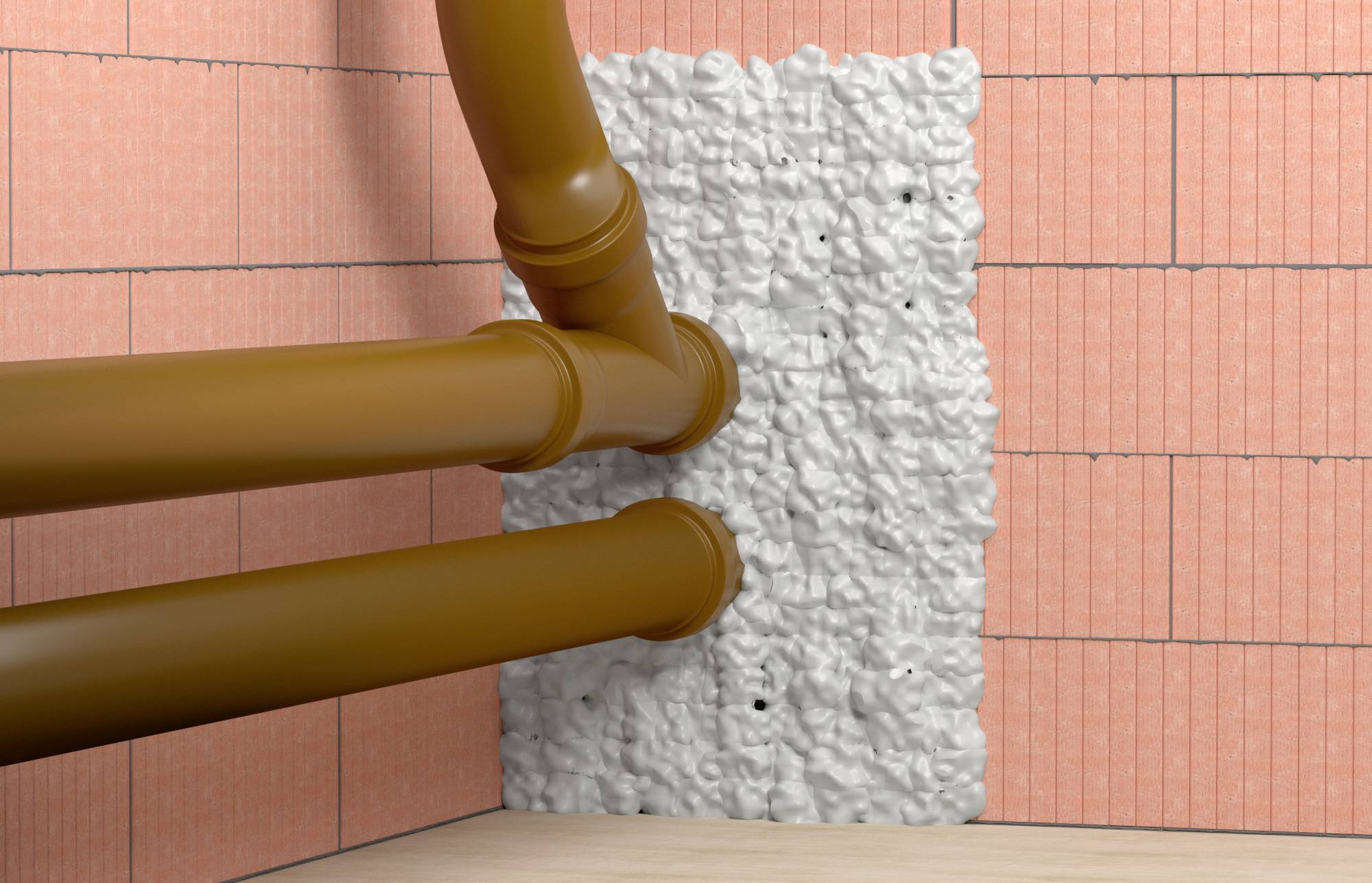 Braune Rohre ragen aus einer Wand, die mit einer weißen, ungleichmäßigen Isolierung gefüllt ist. Die Wand ist mit roten Fliesen bedeckt.