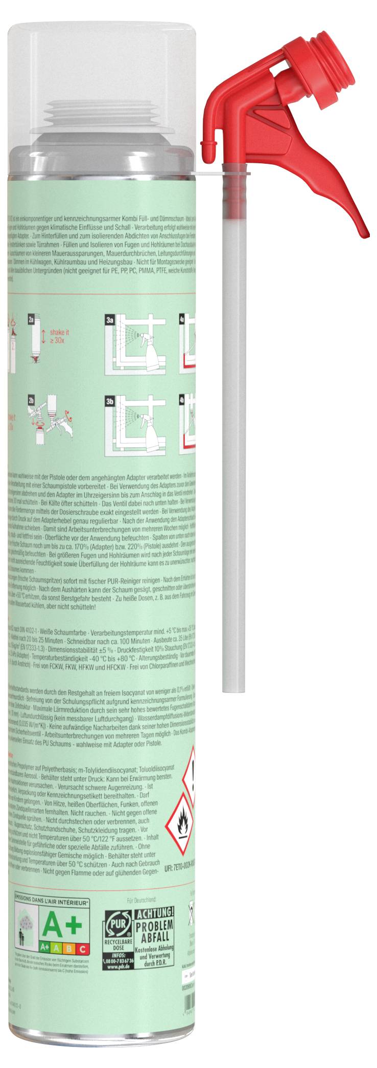 Dose mit grüner Etikettierung und rotem Sprühkopfaufsatz. Enthält Anleitungstext und Warnsymbole für sichere Anwendung.