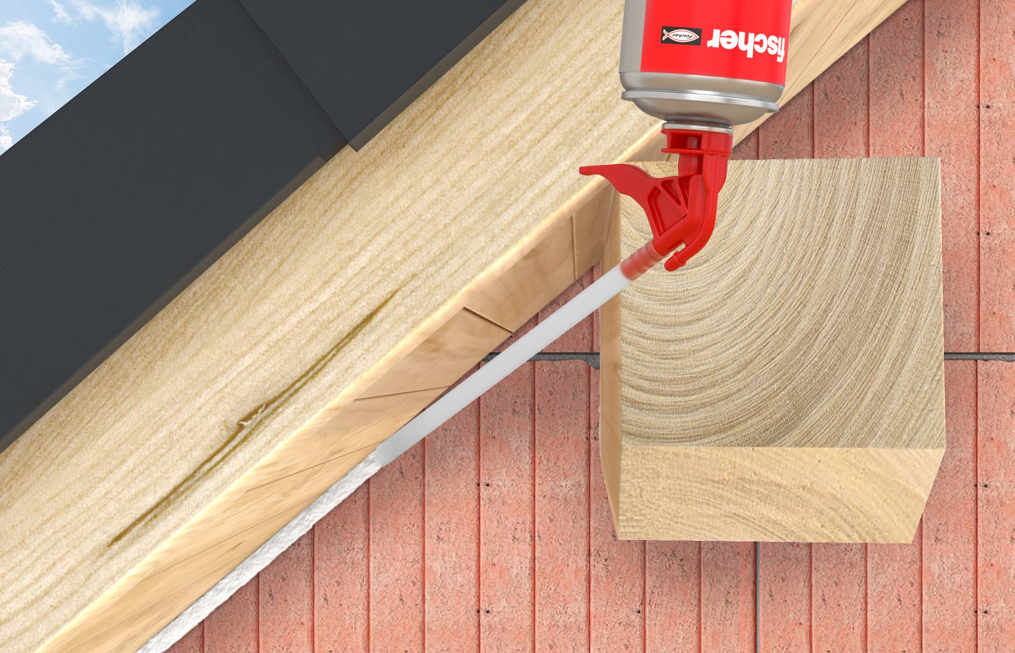 Eine rote Flasche Holzleim wird auf eine Holzverbindung aufgetragen, mit einer eingespannten Platte und einer sichtbaren Leimraupe entlang der Fuge.