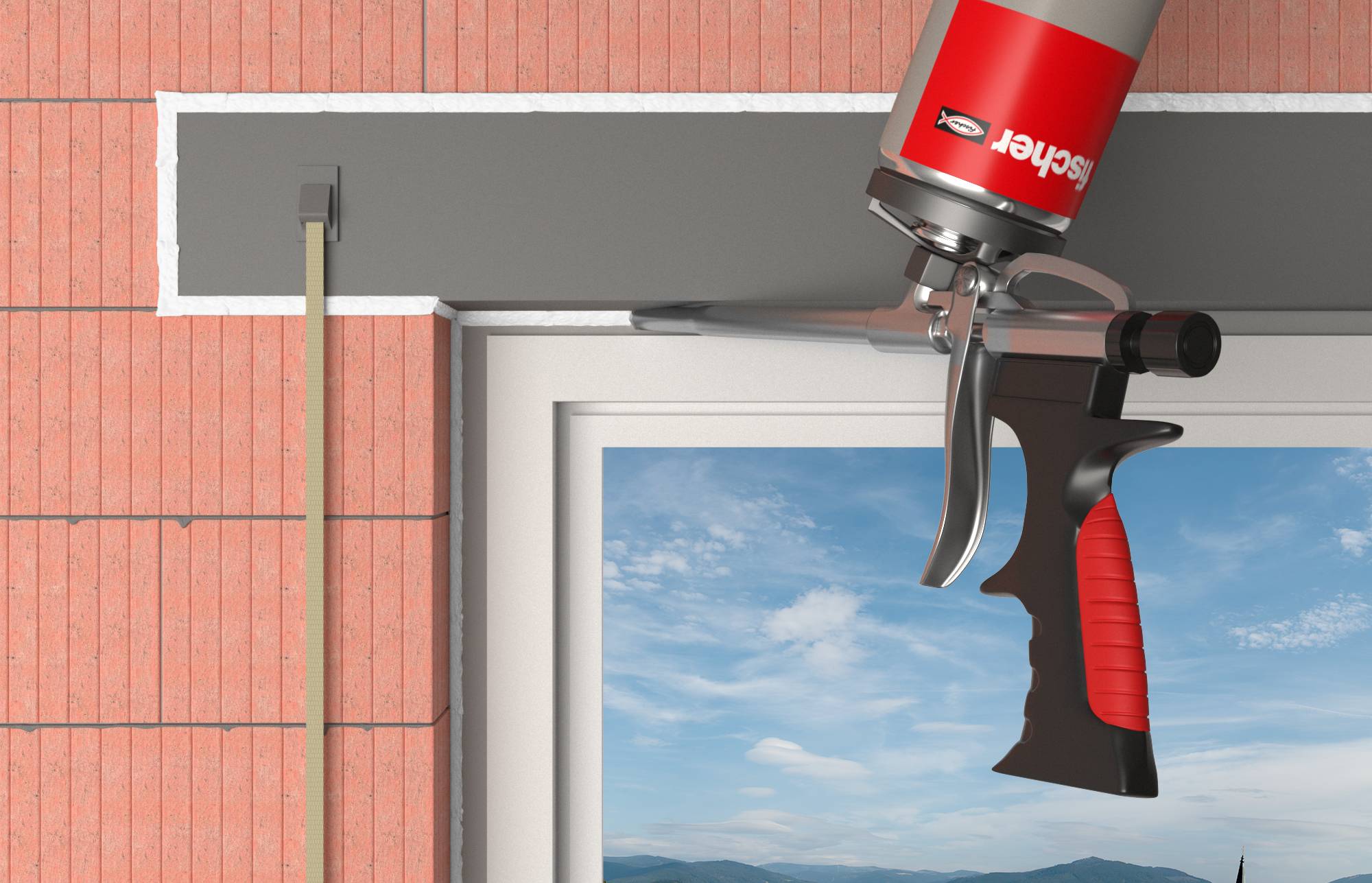 Ein Arbeiter sprüht Dichtmittel aus einer rot-silbernen Sprühanlage, um die obere Kante einer Fenster- oder Wandfuge an einer Backsteinfront abzudichten.