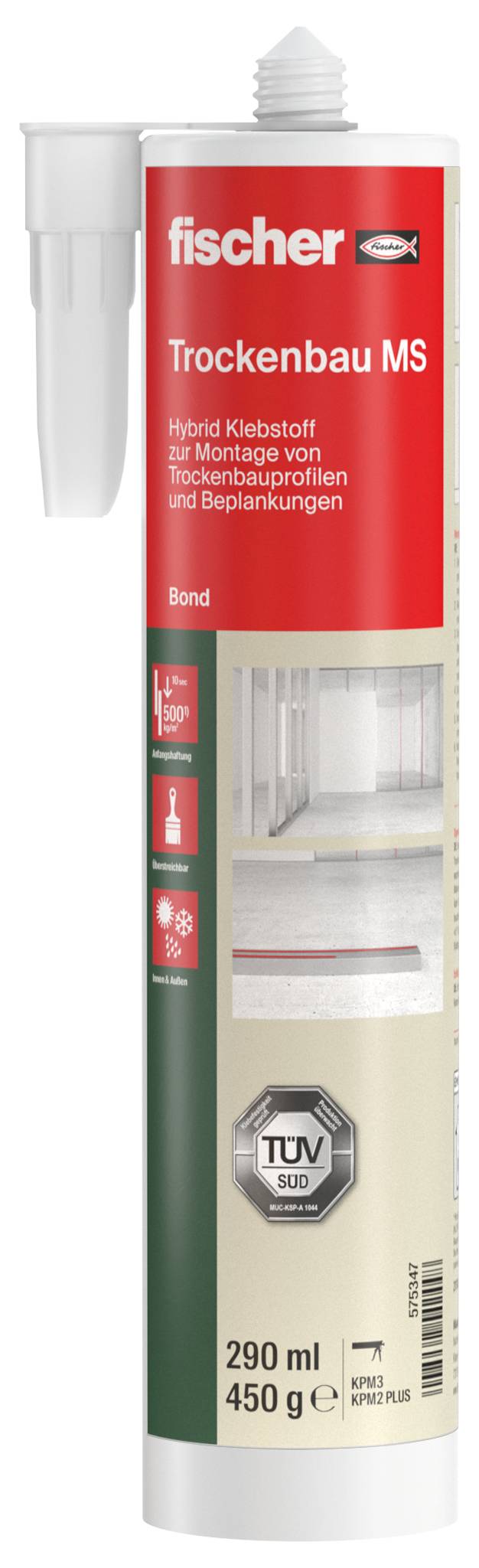 Tube des fischer Trockenbau MS-Hybridklebers für Trockenbauarbeiten, 290 ml, mit rotem und weißem Etikett und TÜV SÜD-Zertifizierung