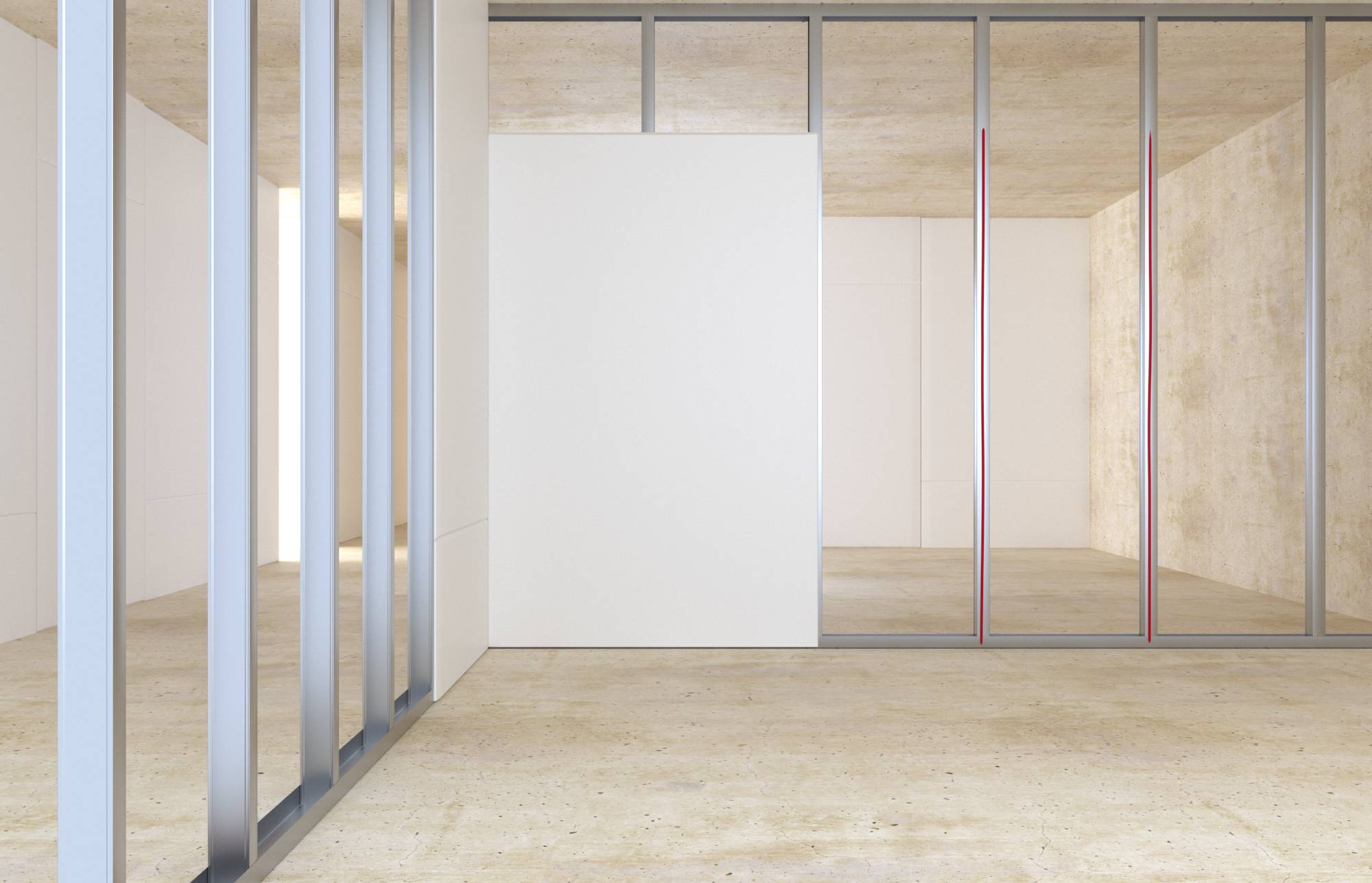 Minimalistisches unvollendetes Zimmer mit beigefarbenem Boden, weißer Trennwand und verglasten Öffnungen/schrankartigen Abschnitten an den Seiten.