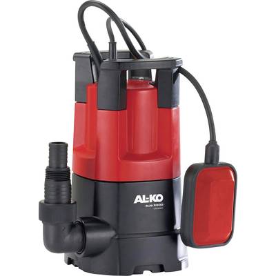 'AL-KO' Wasserpumpe, rot-schwarz, mit Schlauchanschluss und Schwimmschalter, steht aufrecht.
