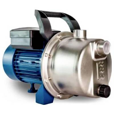 Silberne Wasserpumpe mit blauem Elektromotor und schwarzem Griff, seitliche Sicht.