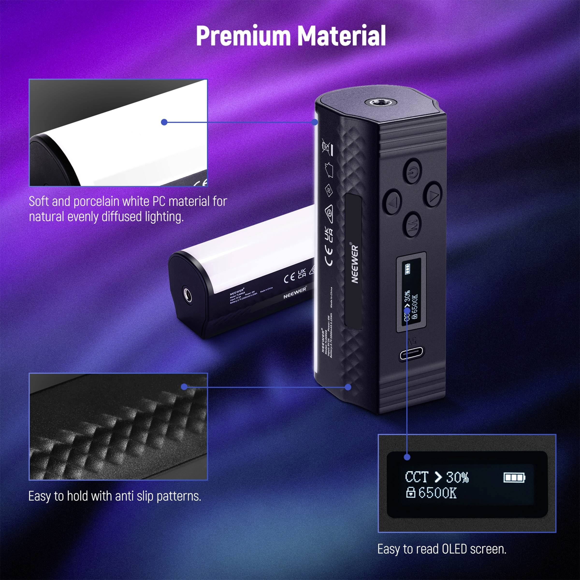 'Premium Material' Leuchte mit anti-rutsch Griff, natürlichem Licht und einfach ablesbarem OLED-Bildschirm.
