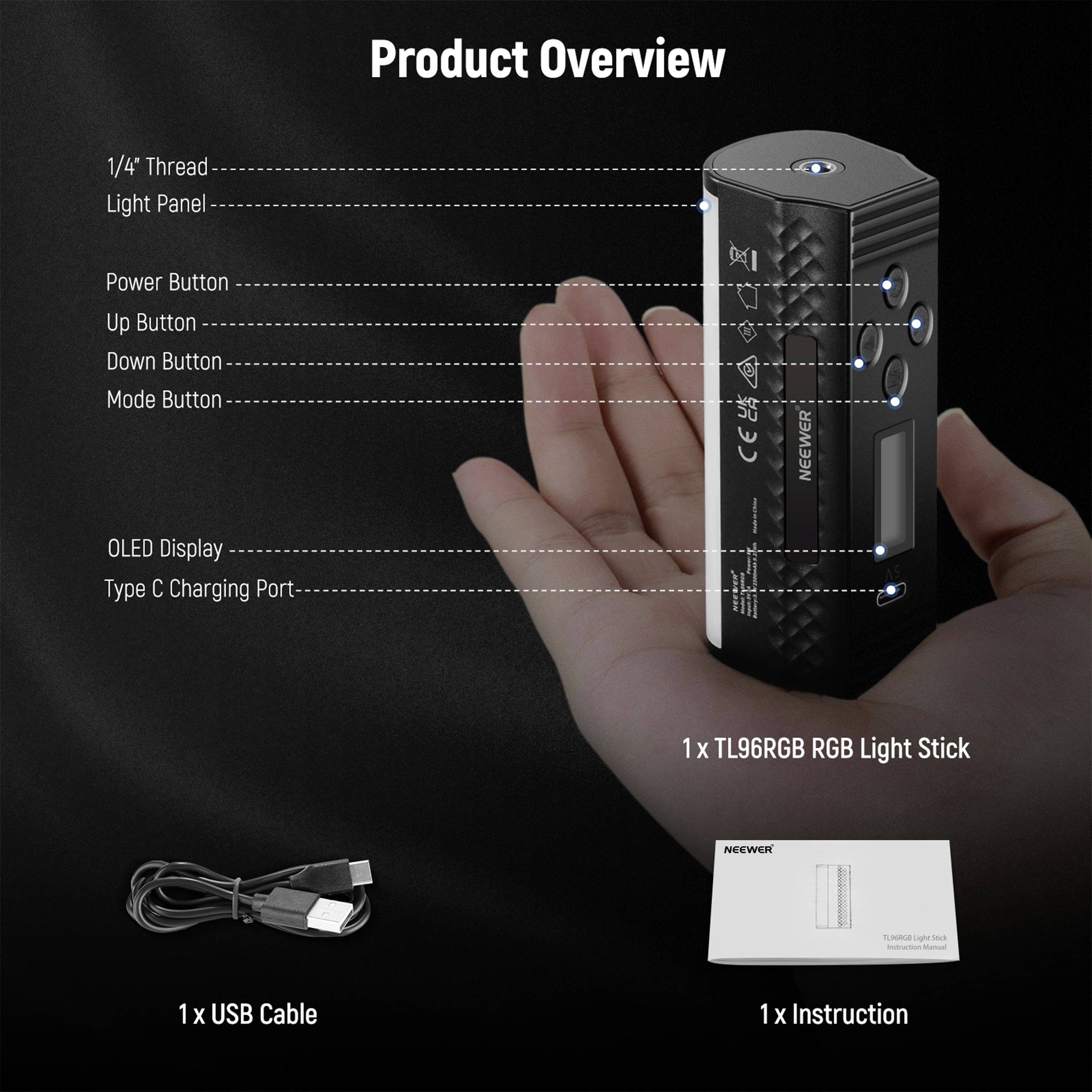 Ein Lichtstab mit OLED-Display liegt in einer Hand. Daneben sind USB-Kabel und Anleitung abgebildet. Text erklärt die Produktübersicht.