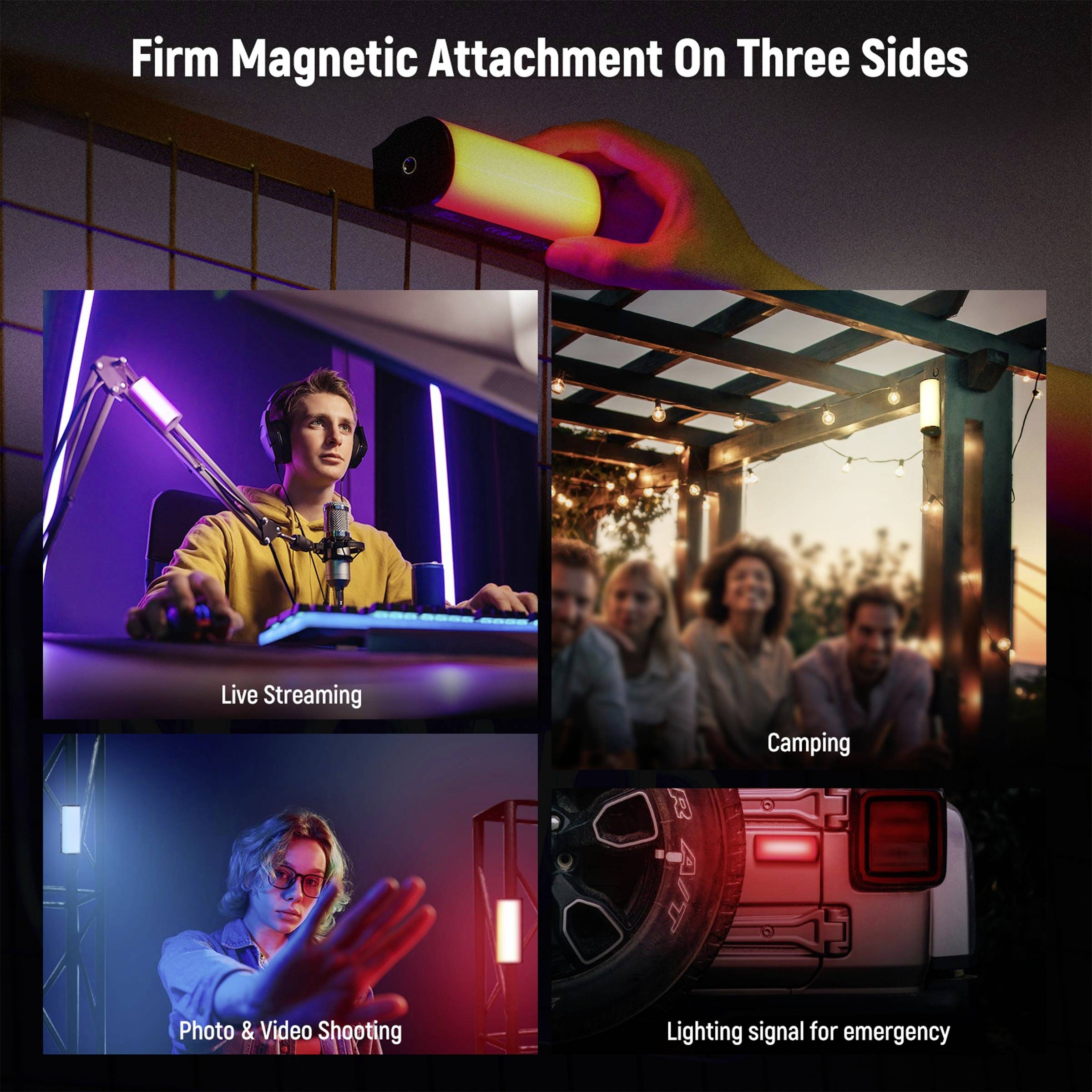 Hand hält eine magnetische Leuchte, die vielseitig montiert werden kann; geeignet für Live-Streaming, Camping, Foto- und Videoaufnahmen, Notfallbeleuchtung.
