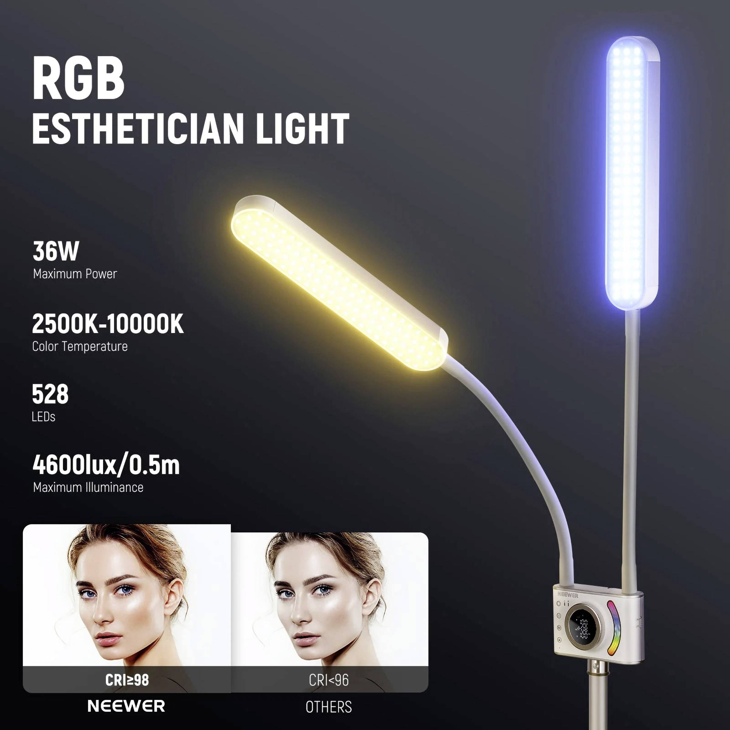 RGB-Ästhetikerlicht mit 36W Leistung. Farbtemperatur: 2500K-10000K. 528 LEDs. Maximale Beleuchtung: 4600lux/0,5m. Vergleich von zwei Gesichtern unter verschiedenen Beleuchtungen.