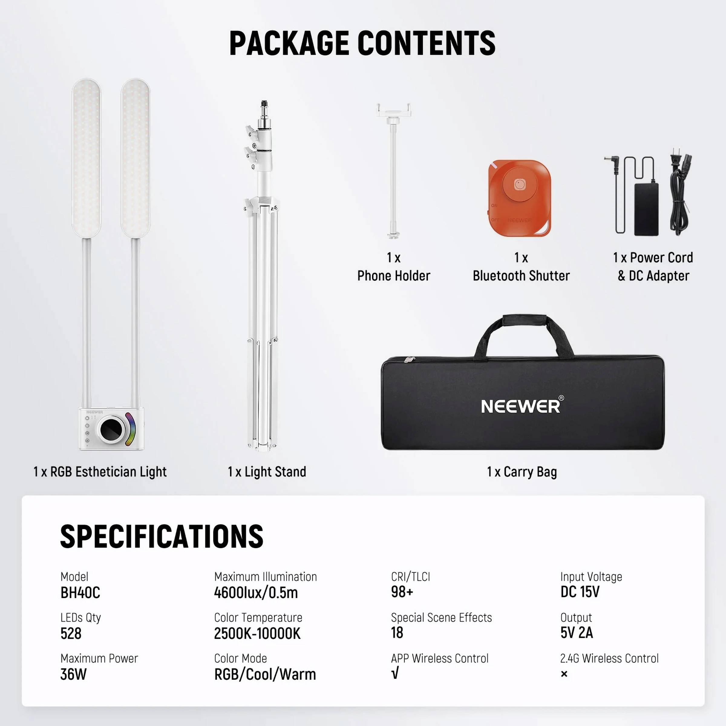 'Paketinhalt: 1x RGB Beauty Light, 1x Stativ, 1x Telefonhalter, 1x Bluetooth-Auslöser, 1x Netzteil, 1x Tasche. Spezifikationen: Modell BH40C, 36W, 528 LEDs, Farbtemperatur 2500K-10000K, CRI/TLCI 98+.'