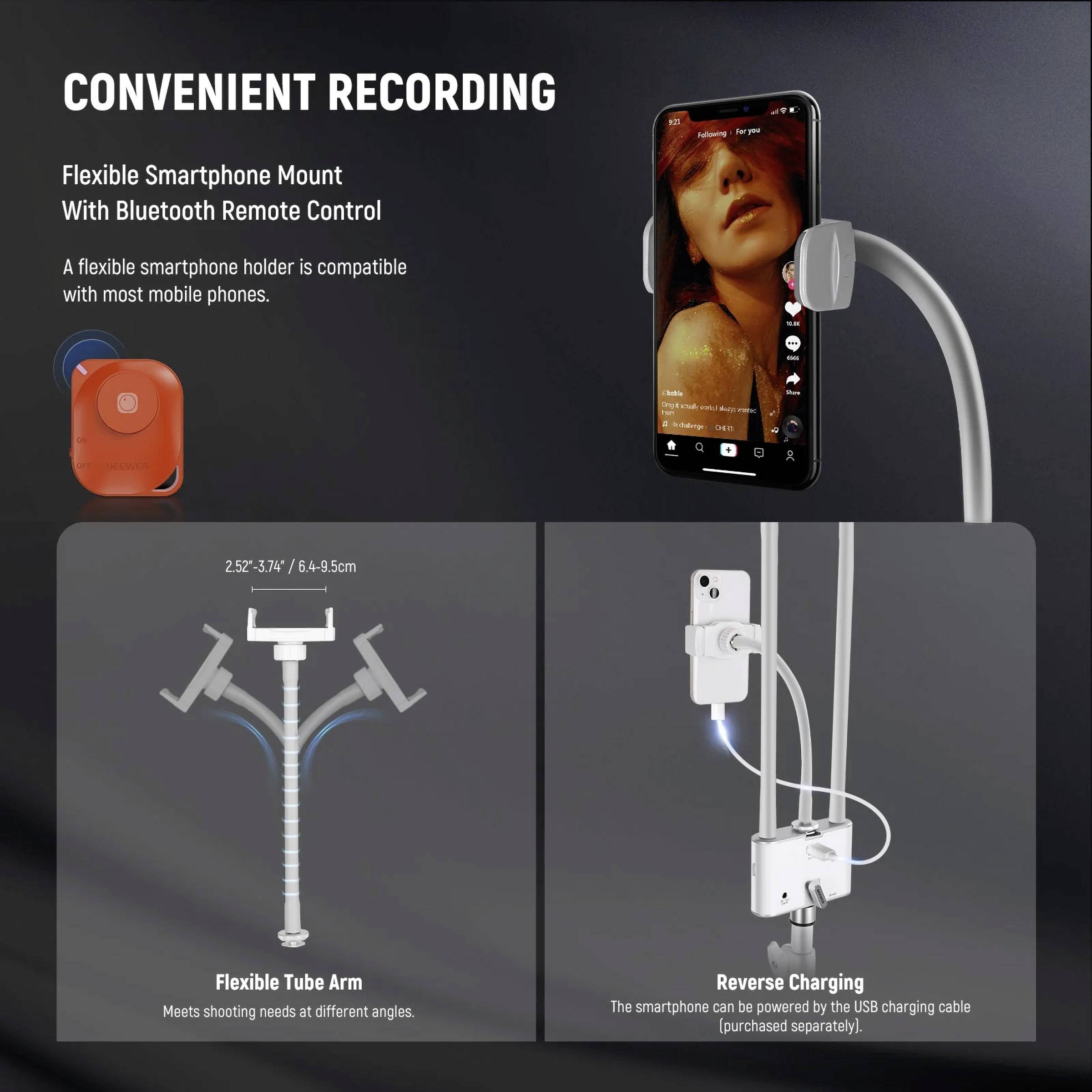 Flexibler Smartphone-Halter mit Bluetooth-Fernbedienung, kompatibel mit den meisten Smartphones. Zeigt flexible Armhalterung und Rückladung an.