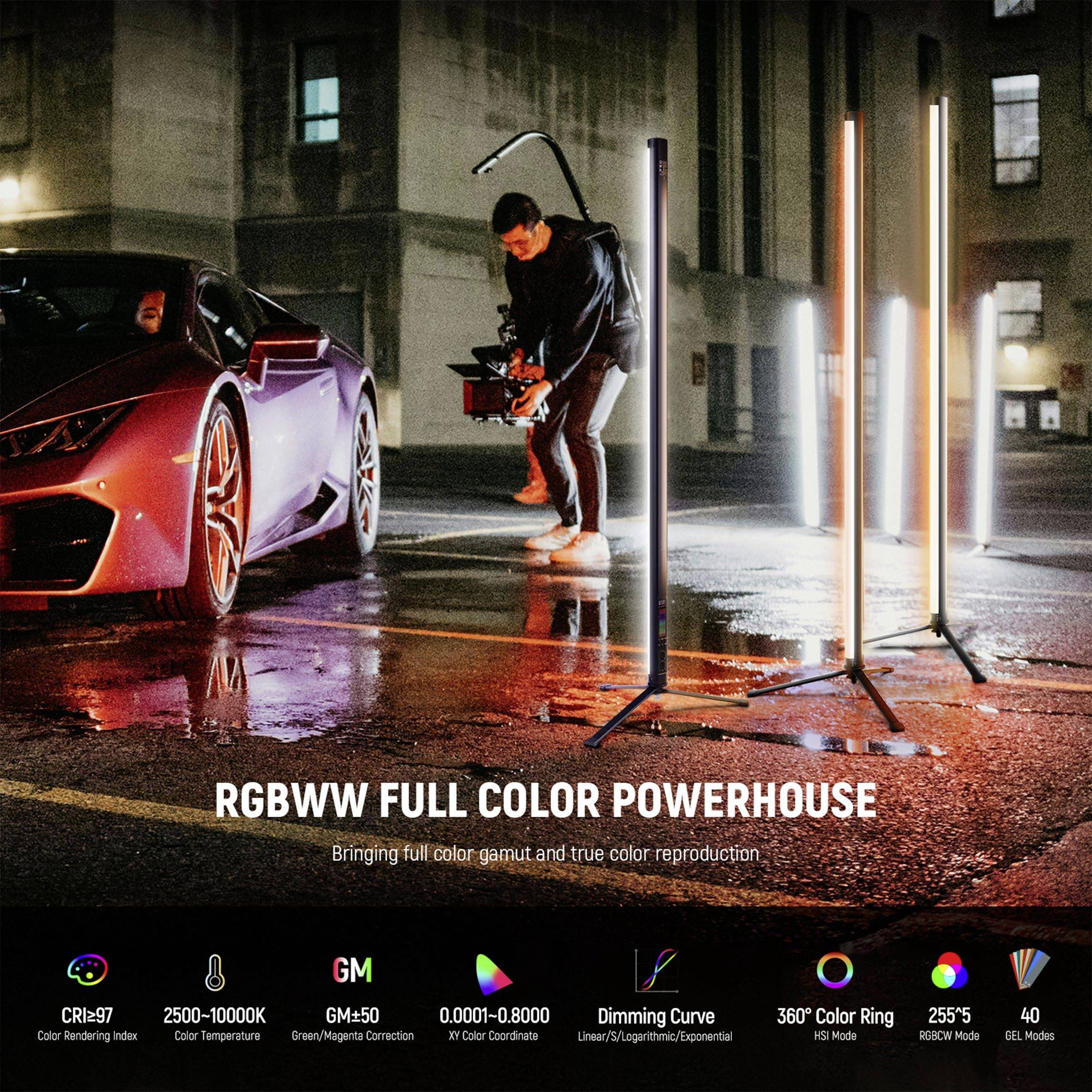 'Fotograf hält Kamera vor Auto in nächtlicher Stadt. RGBWW-Beleuchtungsstange beleuchtet Szene. Text: RGBWW Full Color Powerhouse.'