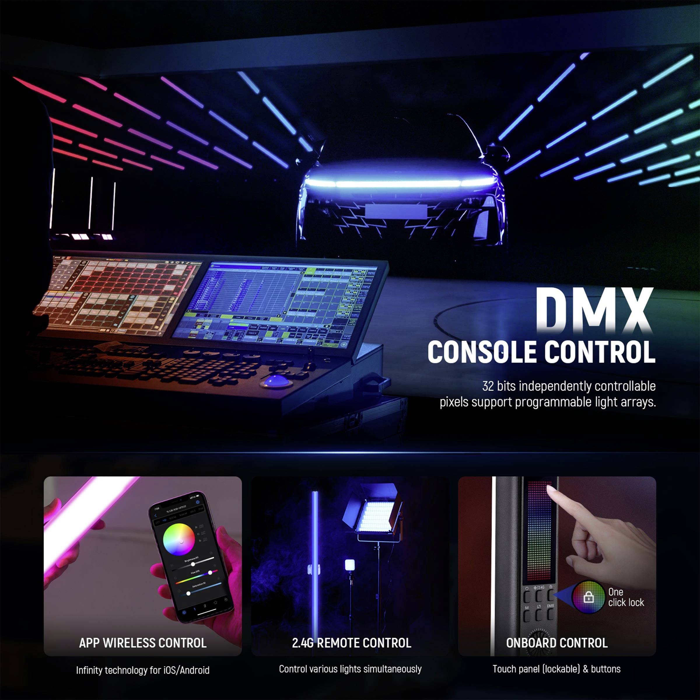 DMX-Konsole steuert Lichtanzeigen. Bilder unten zeigen: App zur drahtlosen Steuerung, 2,4G-Fernbedienung und integrierte Steuerung.