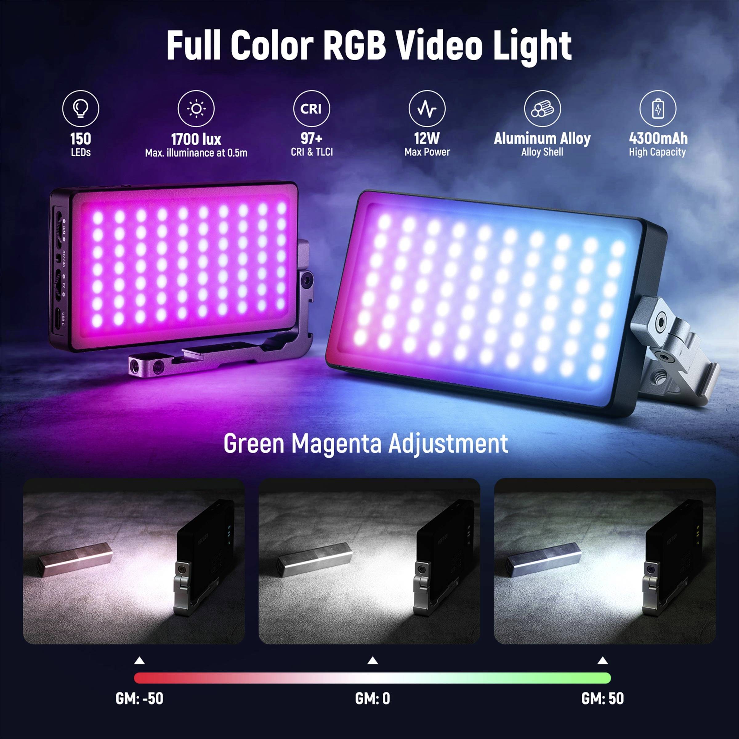 Vollfarbiges RGB-Videolicht mit 150 LEDs. Max. Beleuchtung: 1700 Lux bei 0,5 m. Hergestellt aus Aluminiumlegierung, 4300mAh Kapazität. Zeigt Einstellungen: 'Green Magenta Adjustment', GM-Werte.