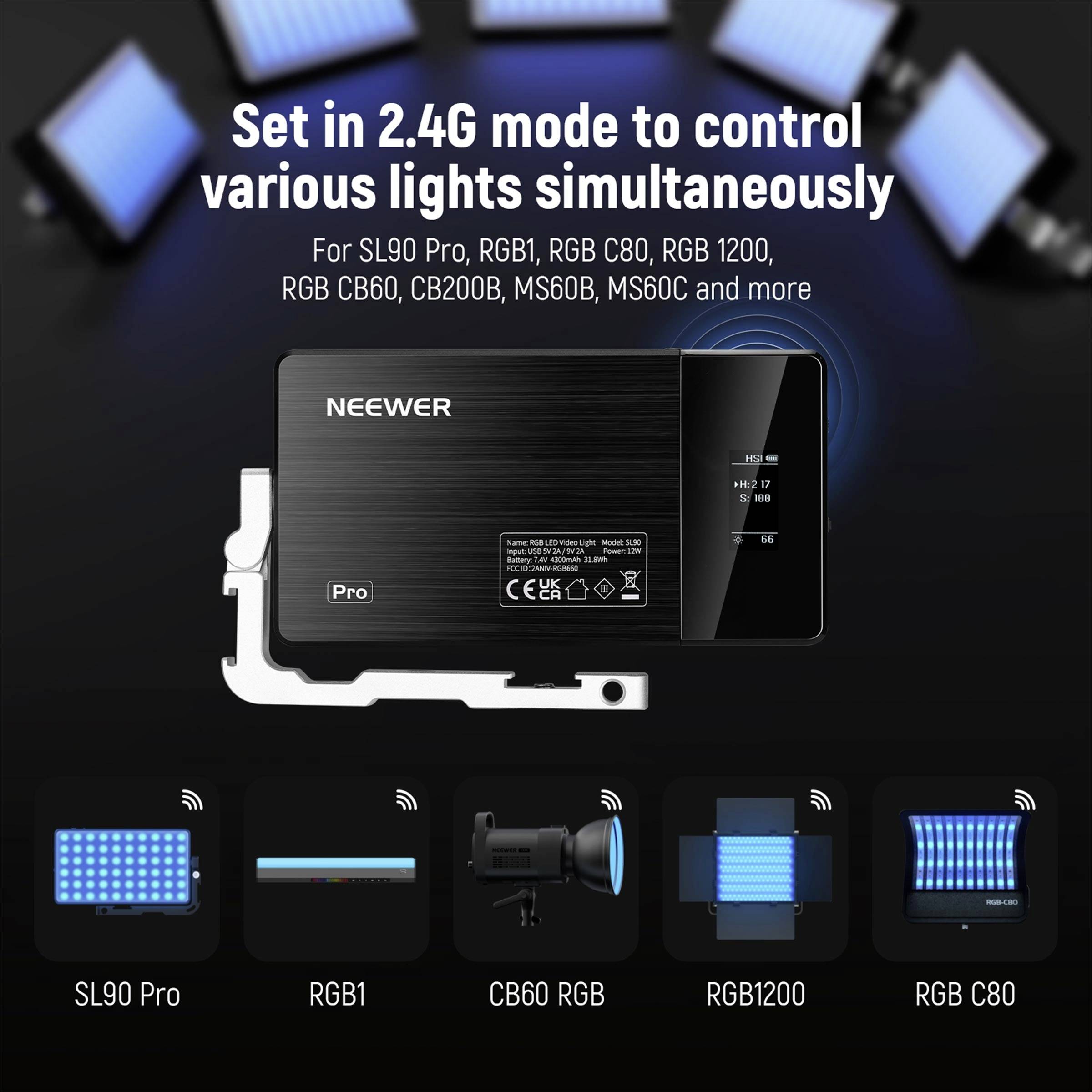'Setze im 2,4G-Modus, um verschiedene Lichter gleichzeitig zu steuern. Für SL90 Pro, RGB1, RGB C80, RGB 1200, RGB CB60, CB200B, MS60B, MS60C und mehr.' Ein NEEWER-Gerät mit Beleuchtungsoptionen.