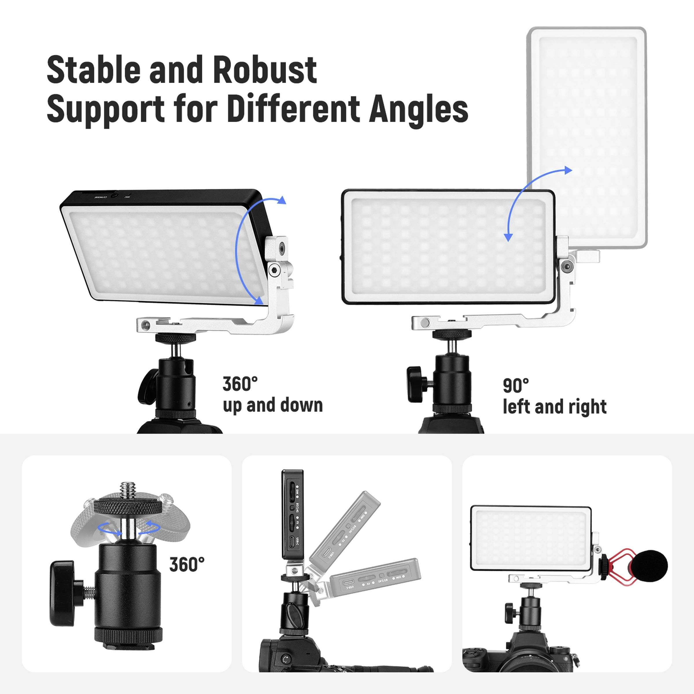 LED-Leuchte auf Stativ mit 360°-Drehung vertikal und 90° horizontal, zeigt flexible Verstellmöglichkeiten für unterschiedliche Winkel.