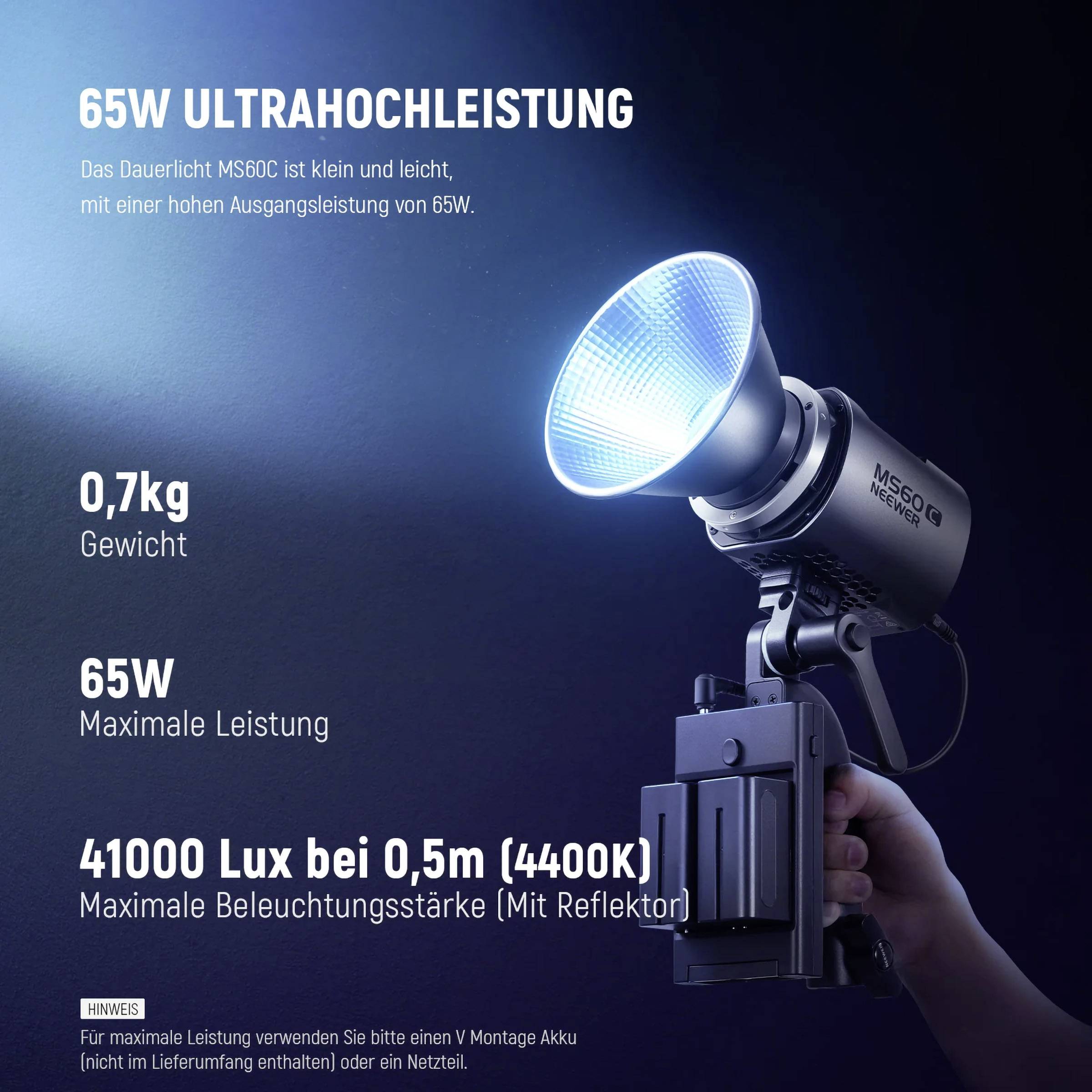'MS60C' LED-Licht, 65W Leistung, 0,7 kg, 41000 Lux bei 0,5m. Kompakt, ideal für Orte mit begrenztem Montageplatz.