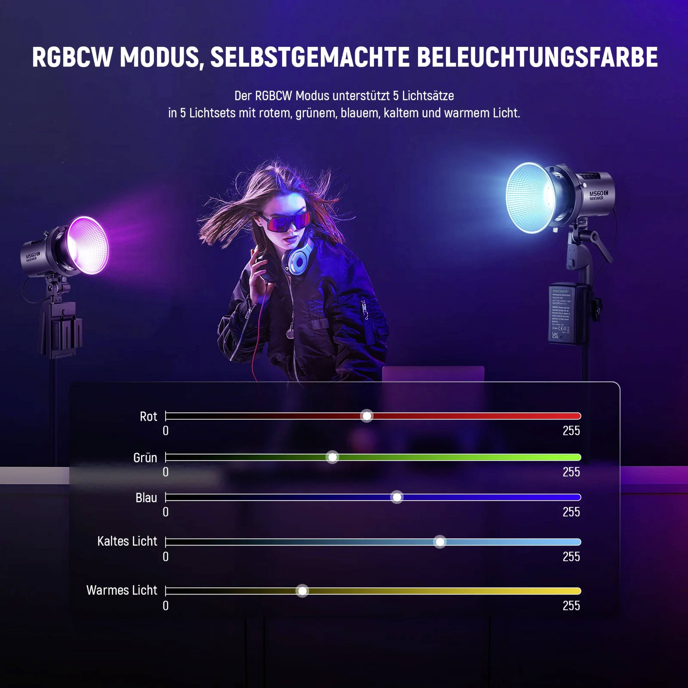 RGB Beleuchtungsmodus zeigt Frau mit Kopfhörern. Schieber für Rot, Grün, Blau, kaltes und warmes Licht. Alle auf maximal 255.