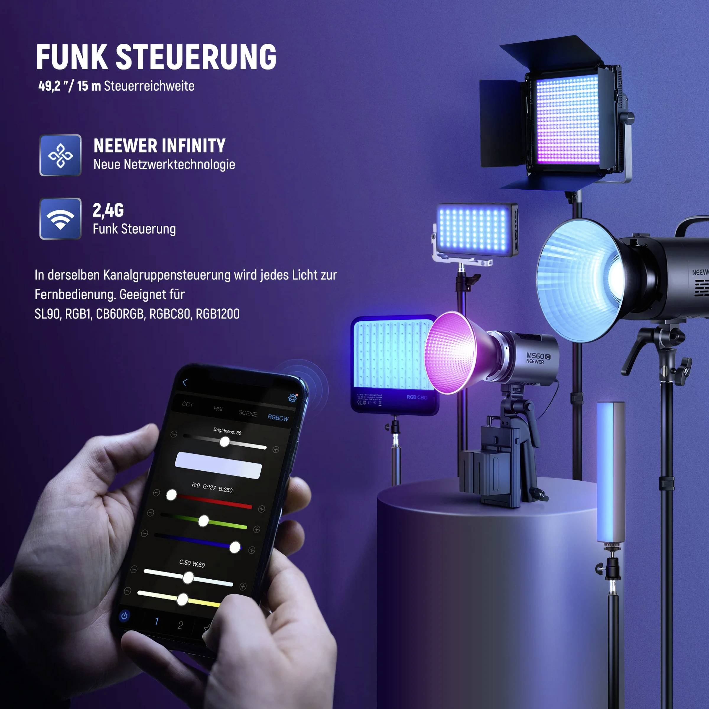 Ein Raum mit professioneller Beleuchtungsausrüstung, Displays und einer Hand, die ein Smartphone mit einer App zur Lichtsteuerung hält.
