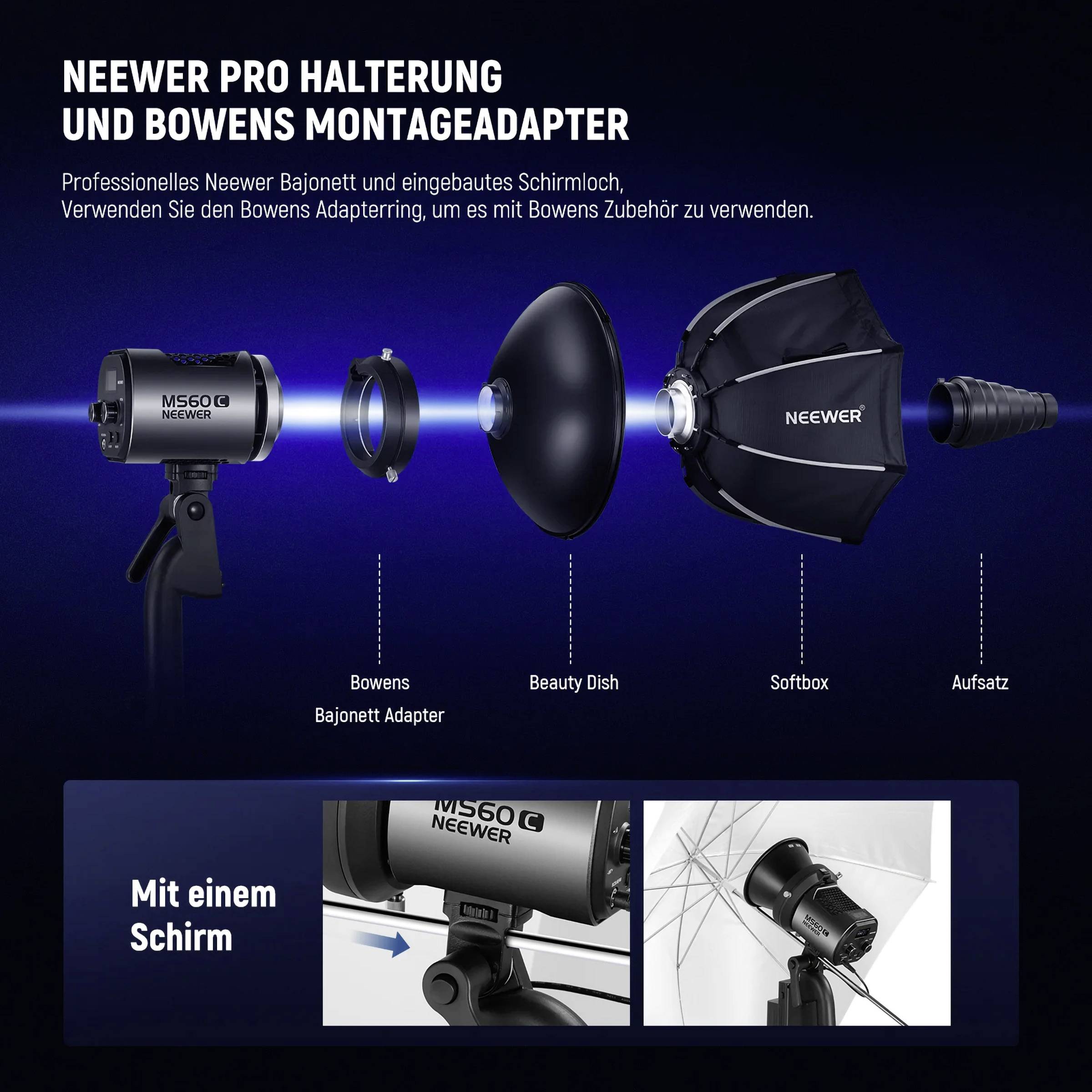 'Neewer Pro Halterung und Bowens Montageadapter' zeigt ein Neewer Bajonett, Beauty Dish, Softbox, Aufsatz, und Adapter in einer Montageanleitung.