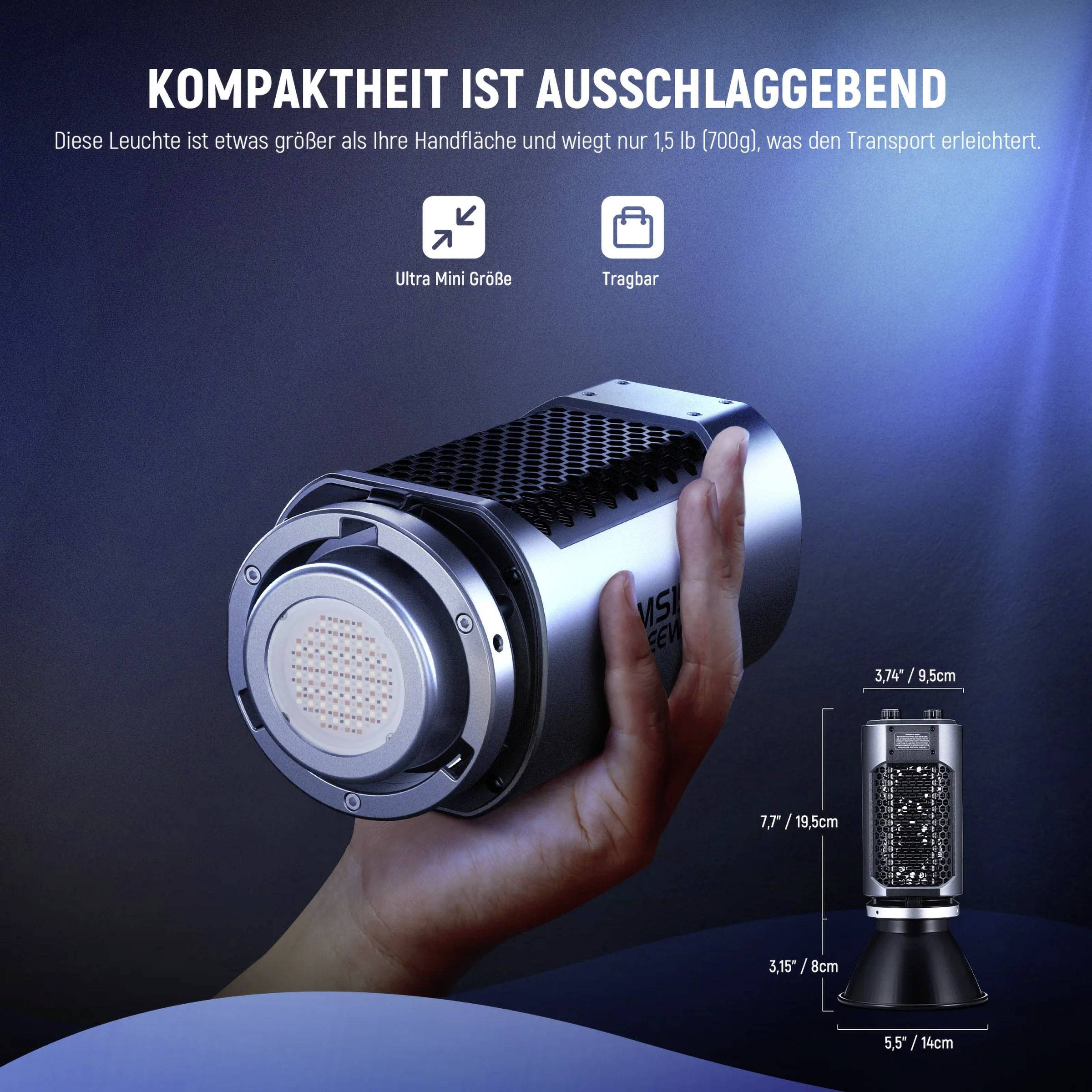 Eine Hand hält eine kompakte, tragbare Leuchte, die 1,5 lbs wiegt und leicht zu transportieren ist. Text: 'Kompaktheit ist ausschlaggebend'.