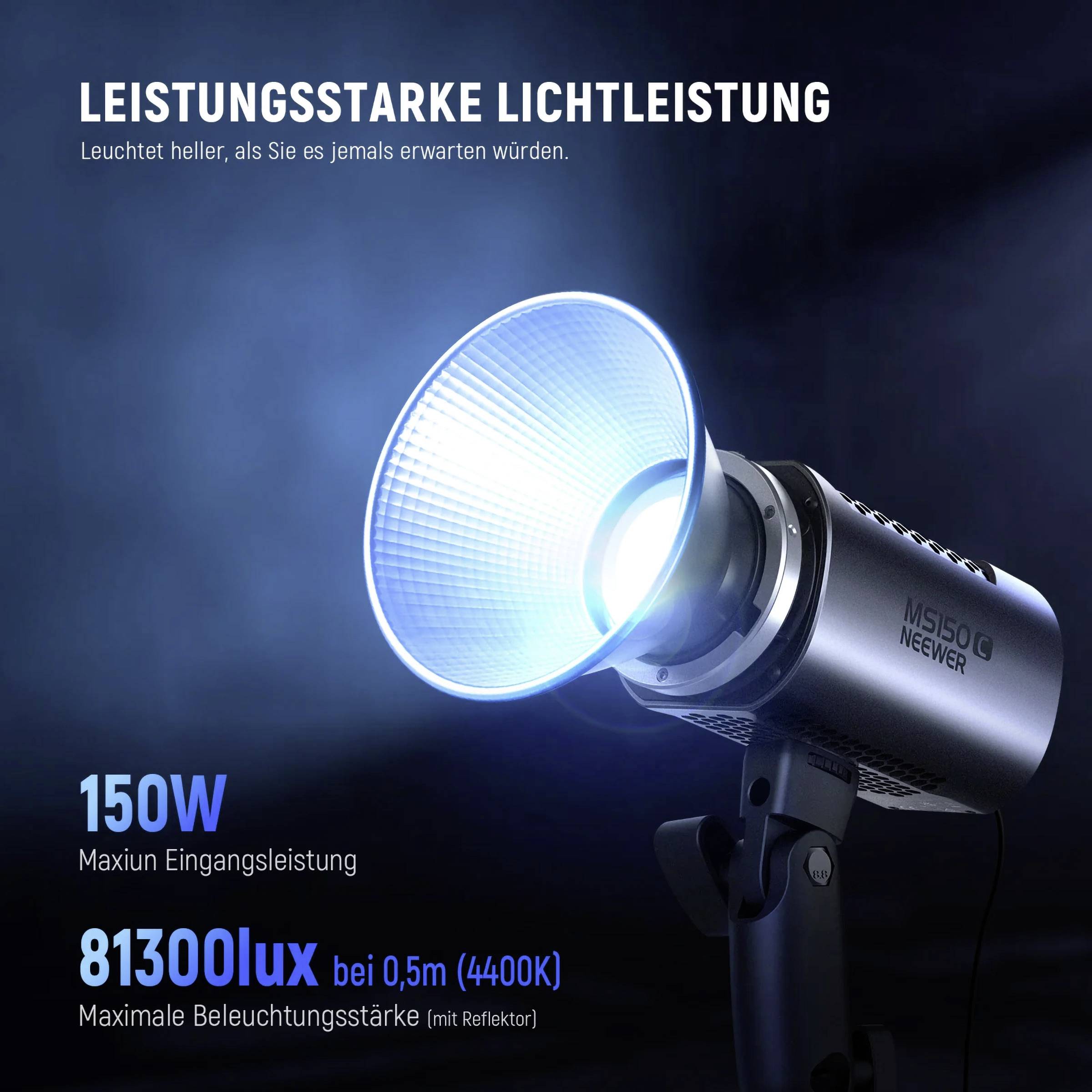 'LED-Lampe mit blauem Lichtstrahl. Text: "Leistungsstarke Lichtleistung", "150W Max. Eingangsleistung", "81300 lux bei 0,5m (4400K)".'