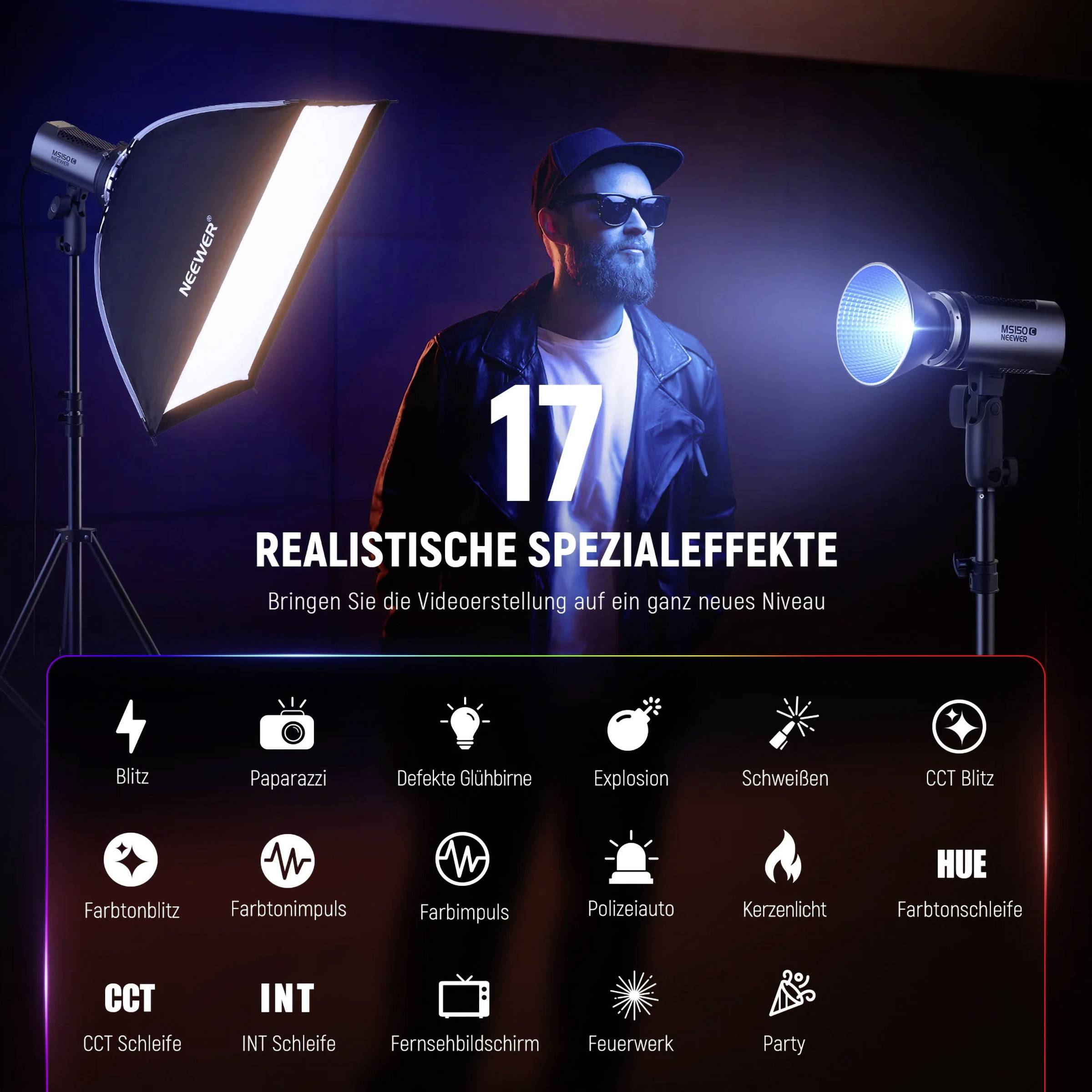 Eine Person mit Sonnenbrille und Kapuze steht beleuchtet zwischen Fotolichtern. Text: '17 realistische Spezialeffekte' mit Icons für verschiedene Lichteffekte.