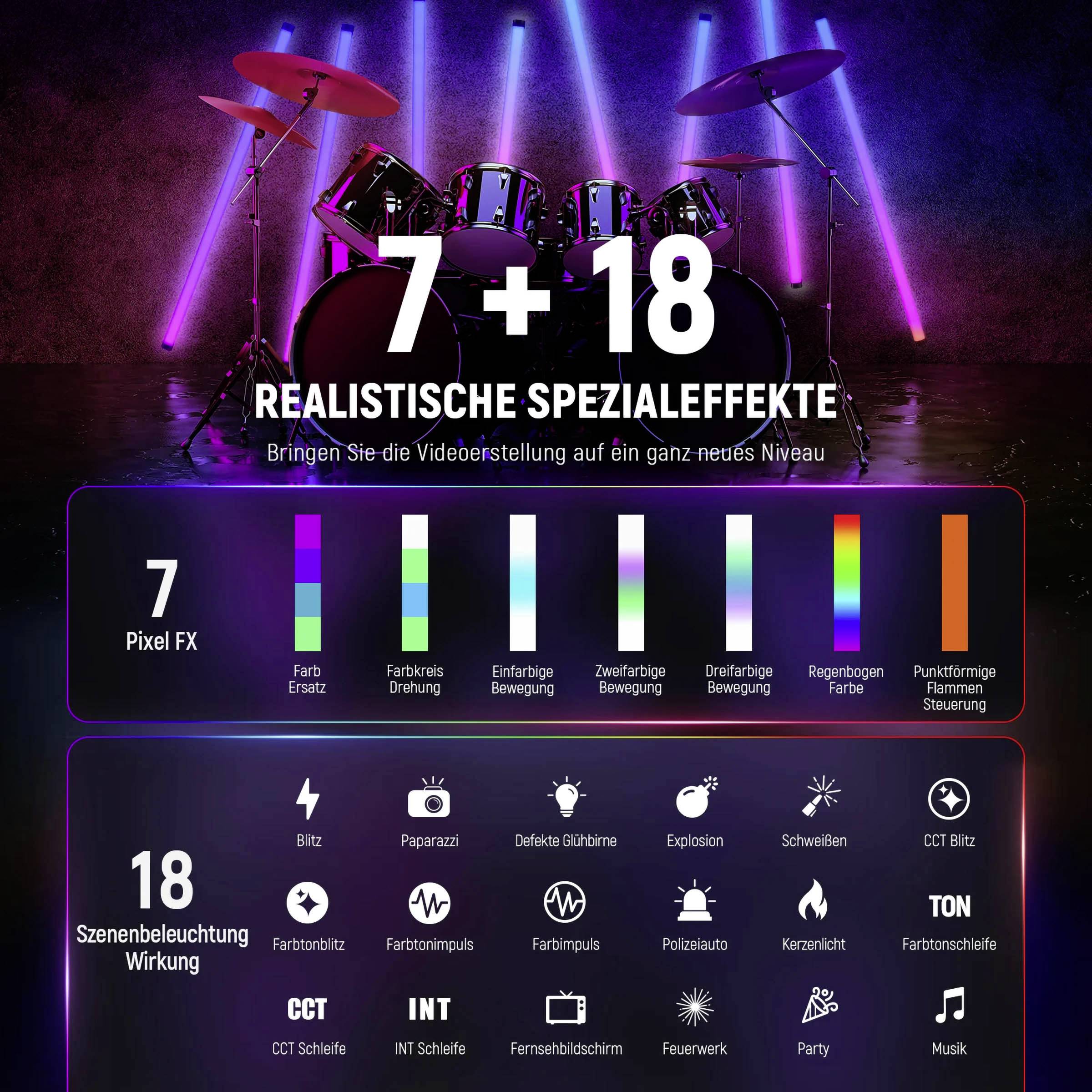 Bild eines Schlagzeugs mit Lichteffekten und Text: 'Realistische Spezialeffekte, 18 Szenenbeleuchtungseffekte'.