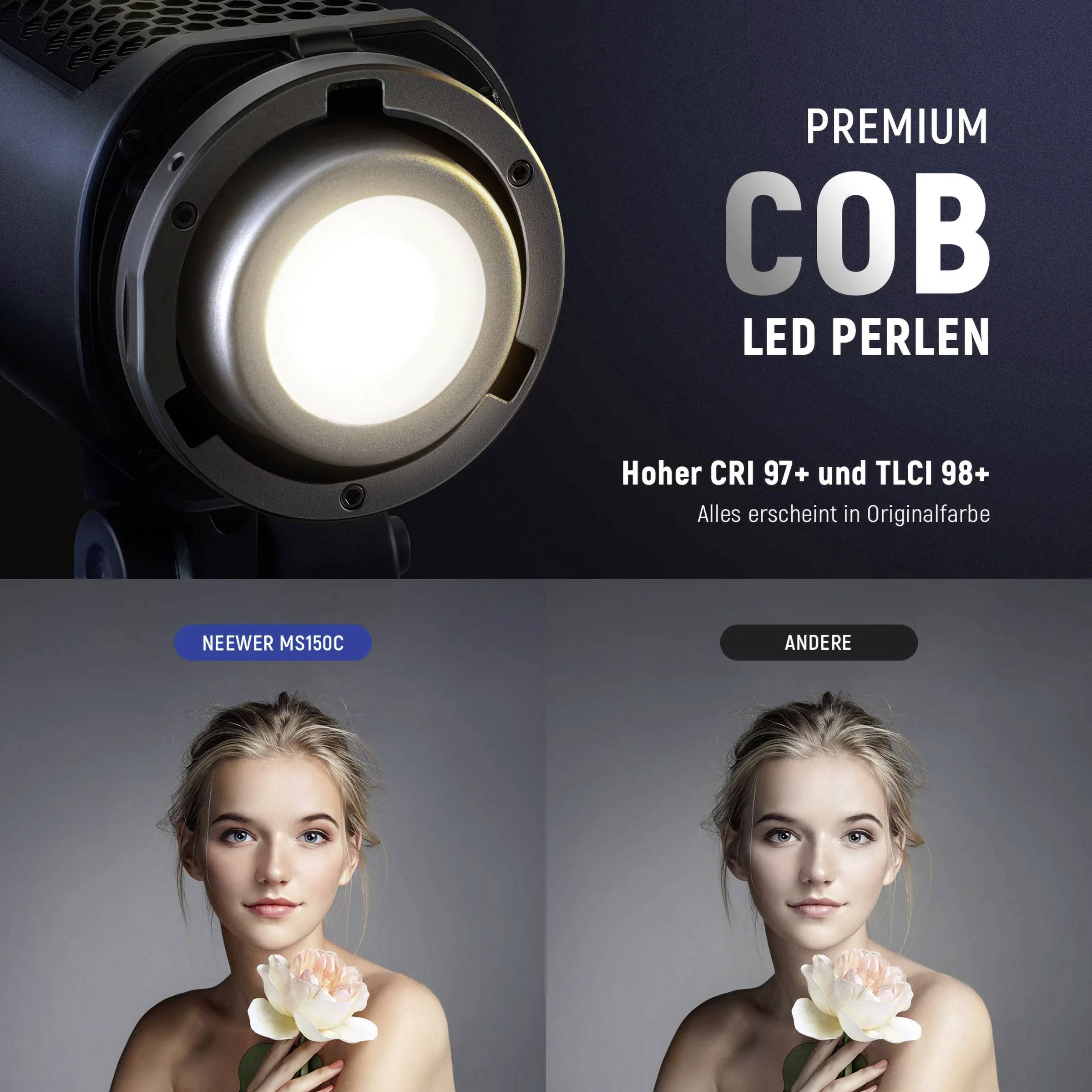 'LED-Licht mit COB-Technologie, CRI 97+ für realistische Farben. Vorher-Nachher-Vergleich: Links ohne, rechts mit Beleuchtung.'