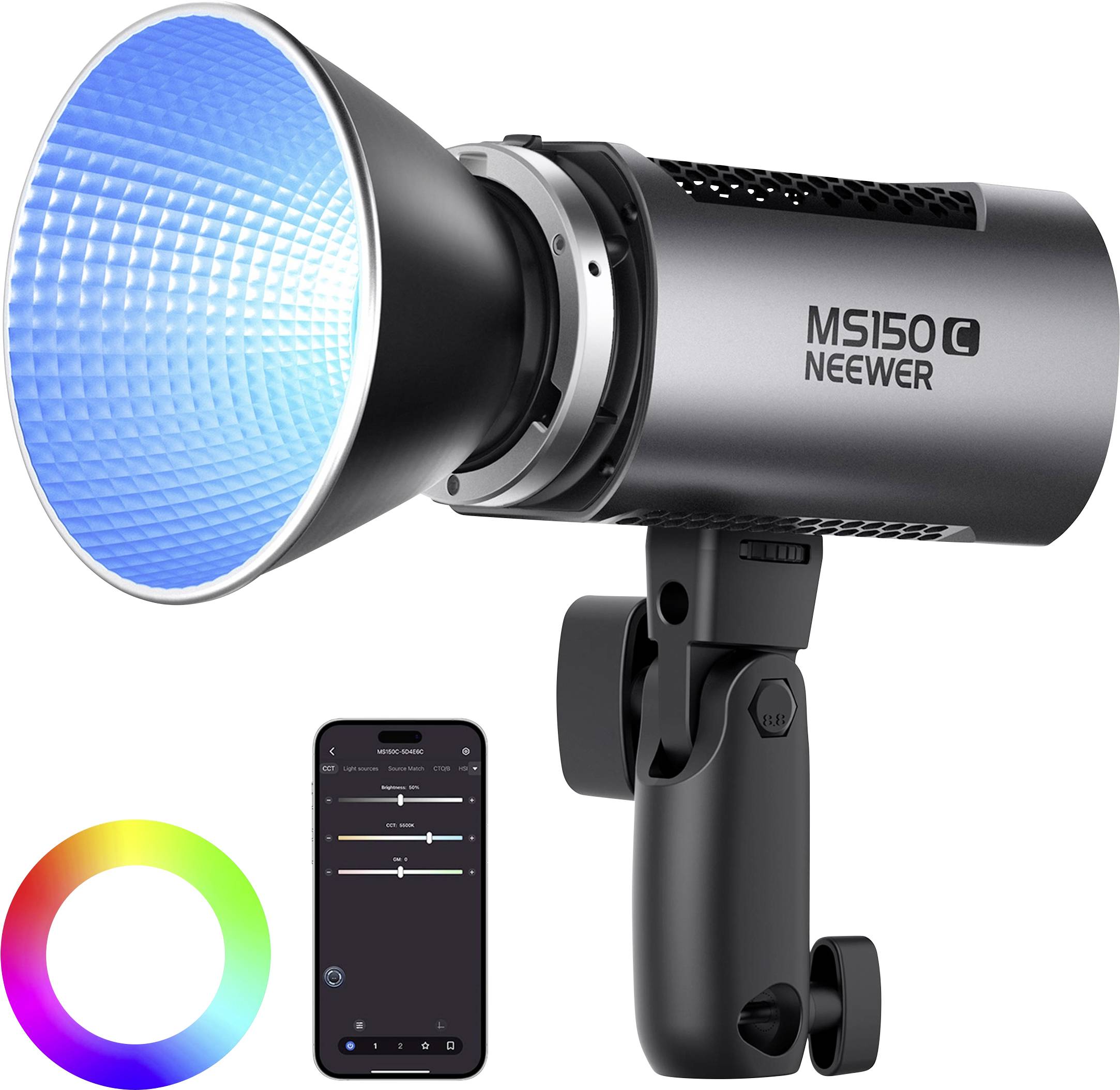 Lampensystem mit blauem Licht, Modell "MS150C Neewer". Steuerung über ein Smartphone über eine App. Enthält einen Farbkreis für Einstellung.