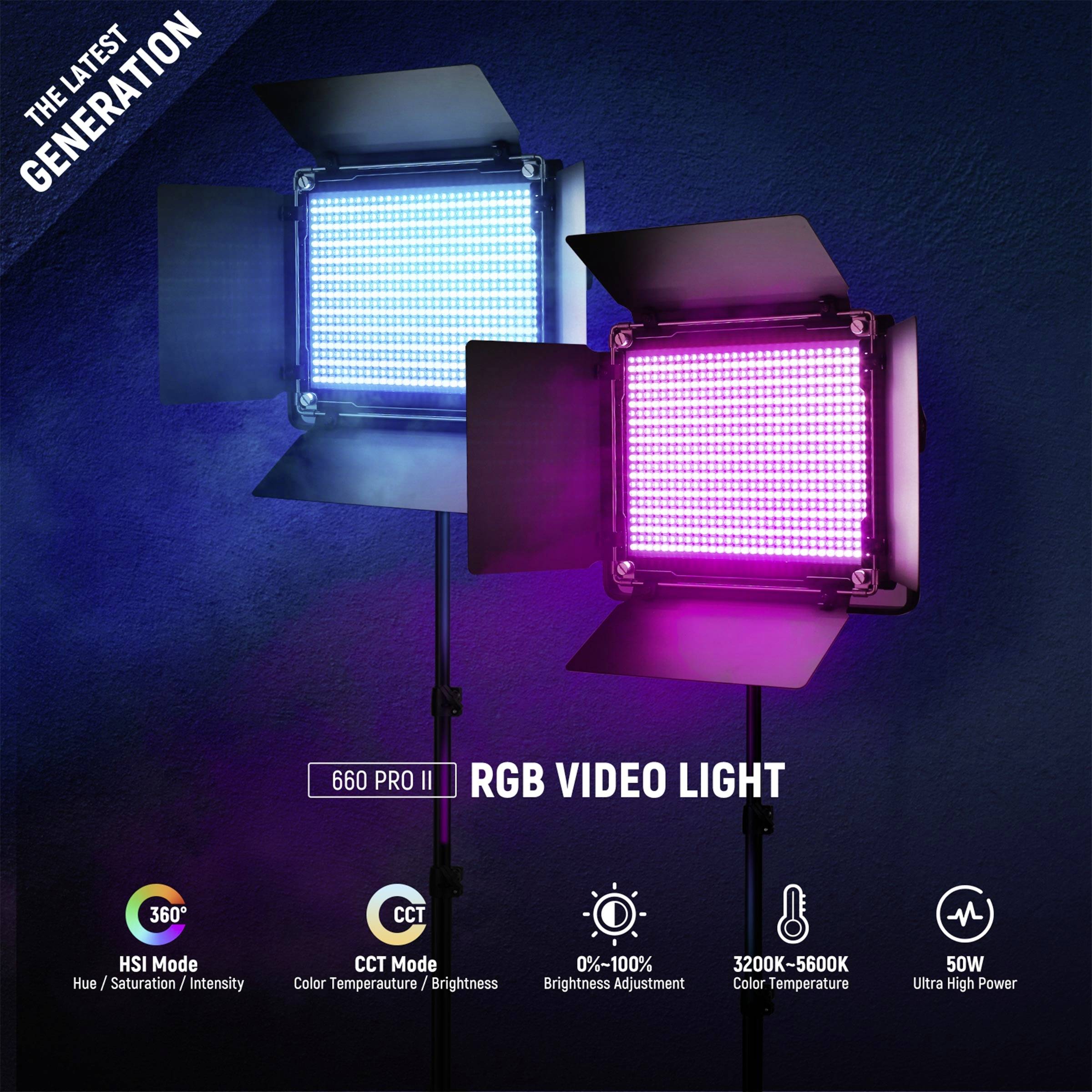 RGB-Videolicht mit blauen und pinken LED-Panels, geeignet für Fotografie und Video. Anpassbar in Helligkeit und Farbtemperatur.