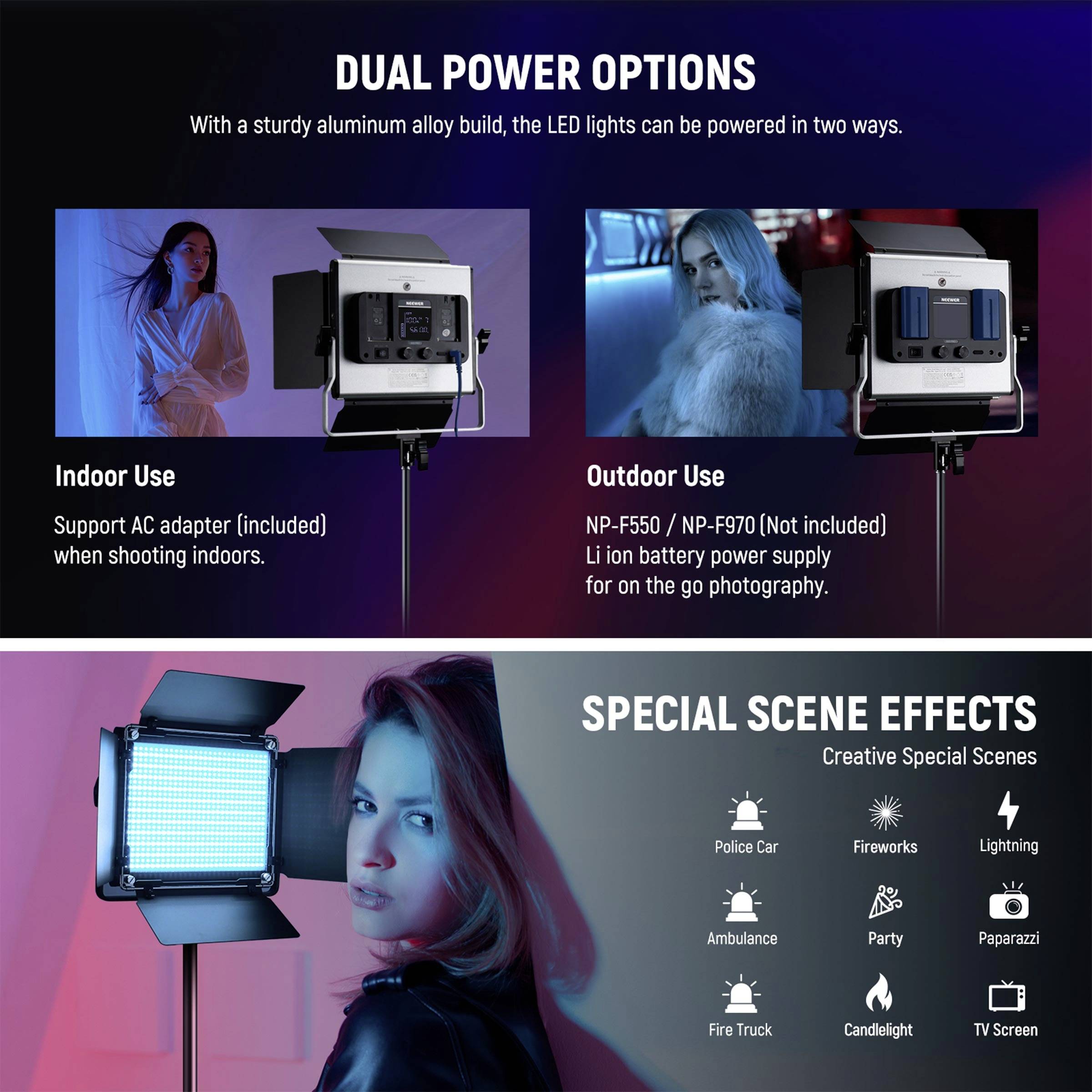'Dual Power Options: Indoor Use mit AC-Adapter oder Outdoor mit NP-F550/F970 Batterie. Special Scene Effects: Polizei, Feuerwerk, Blitz.'