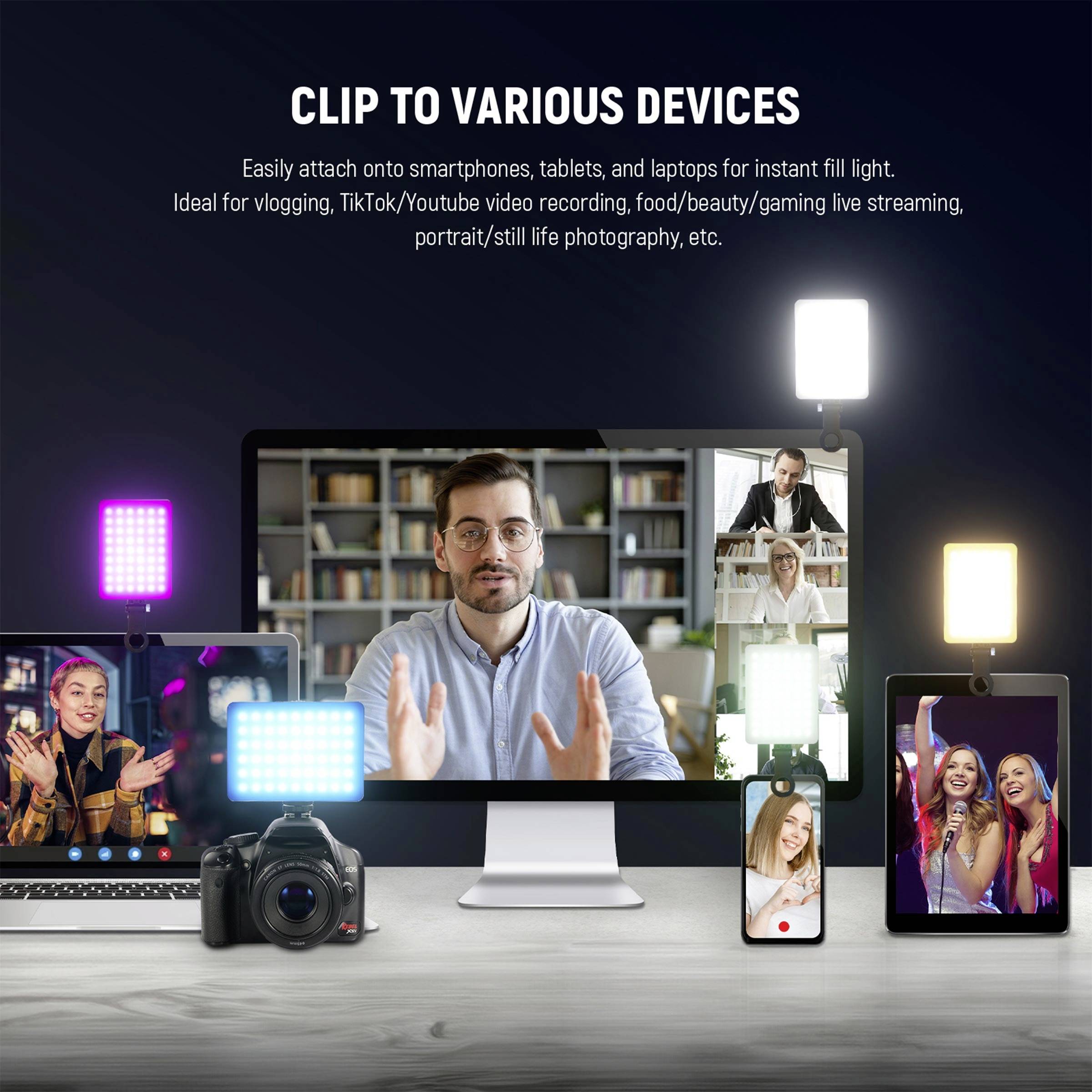 Beleuchtungsgeräte für Smartphones, Laptops und Kameras in Gebrauch. Ideal für Vlogs, Videoaufnahmen und Fotografie. Menschen in Videocalls und Aufnahmen dargestellt.