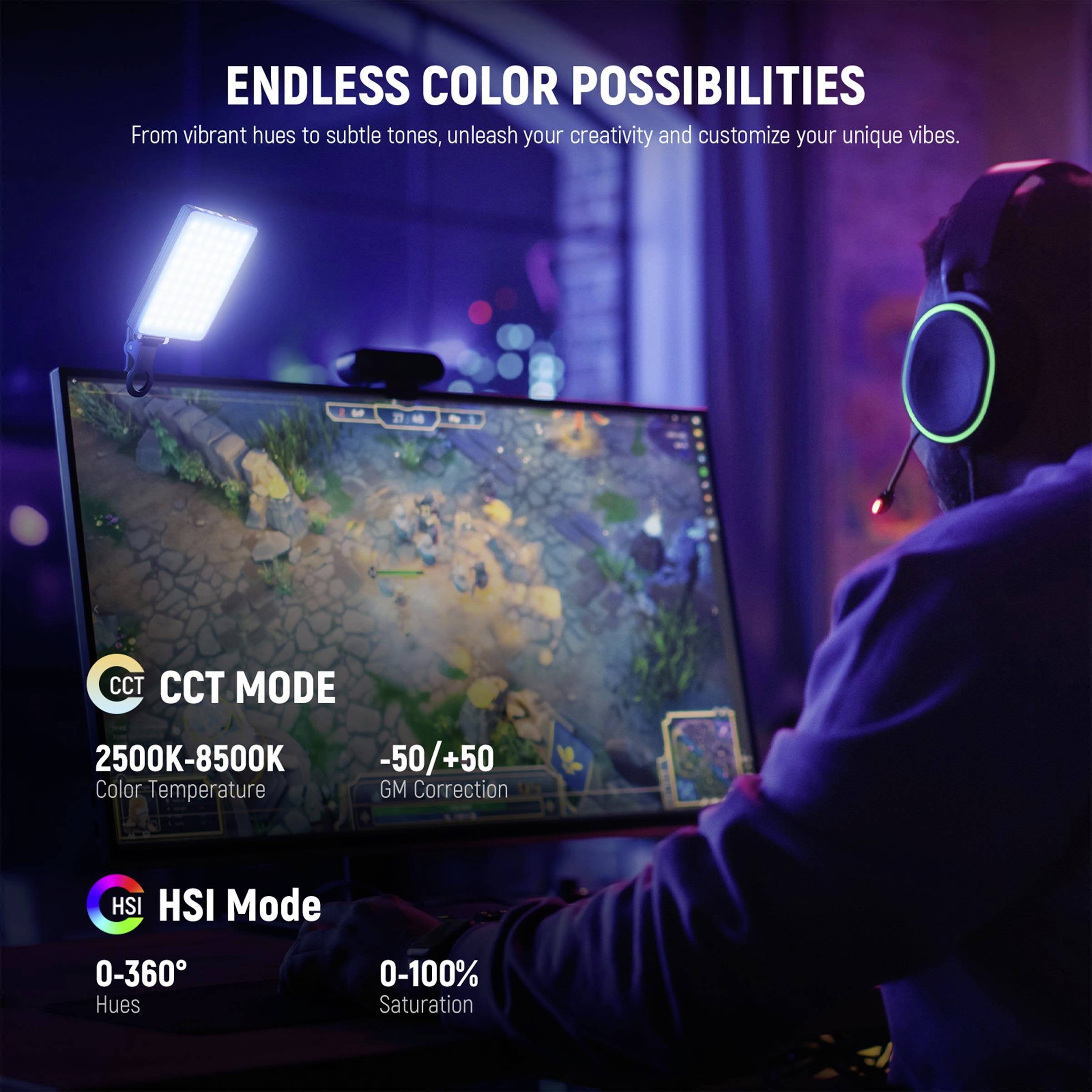 Eine Person mit Headset vor einem Bildschirm, der ein Videospiel zeigt. Der Text beschreibt Beleuchtungsoptionen und Farbmodi.