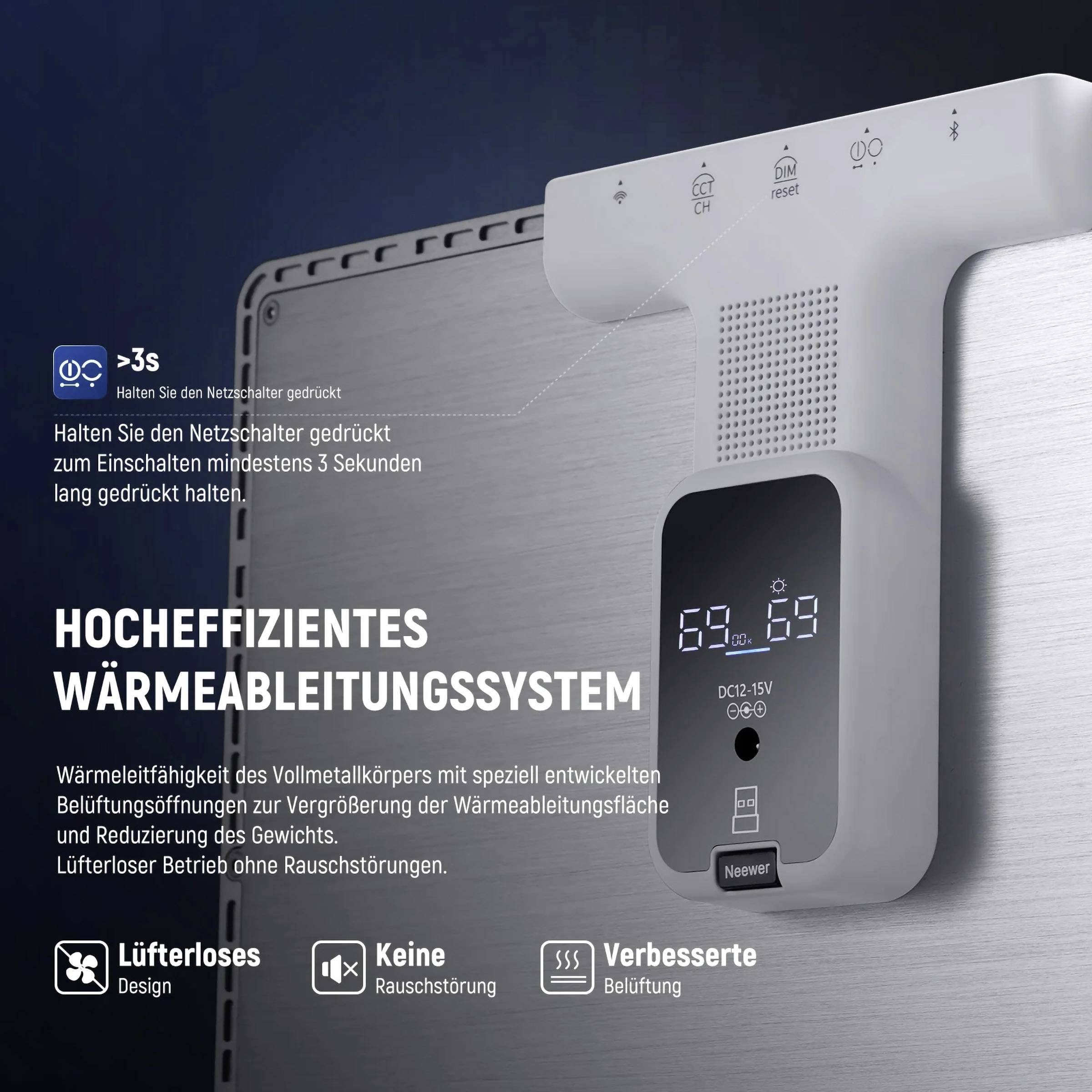 Hocheffizientes Wärmeableitungssystem mit einem elektronischen Gerät auf einem Metallkörper. Enthält Symbole: design, lüfterlos, verbesserte Belüftung.