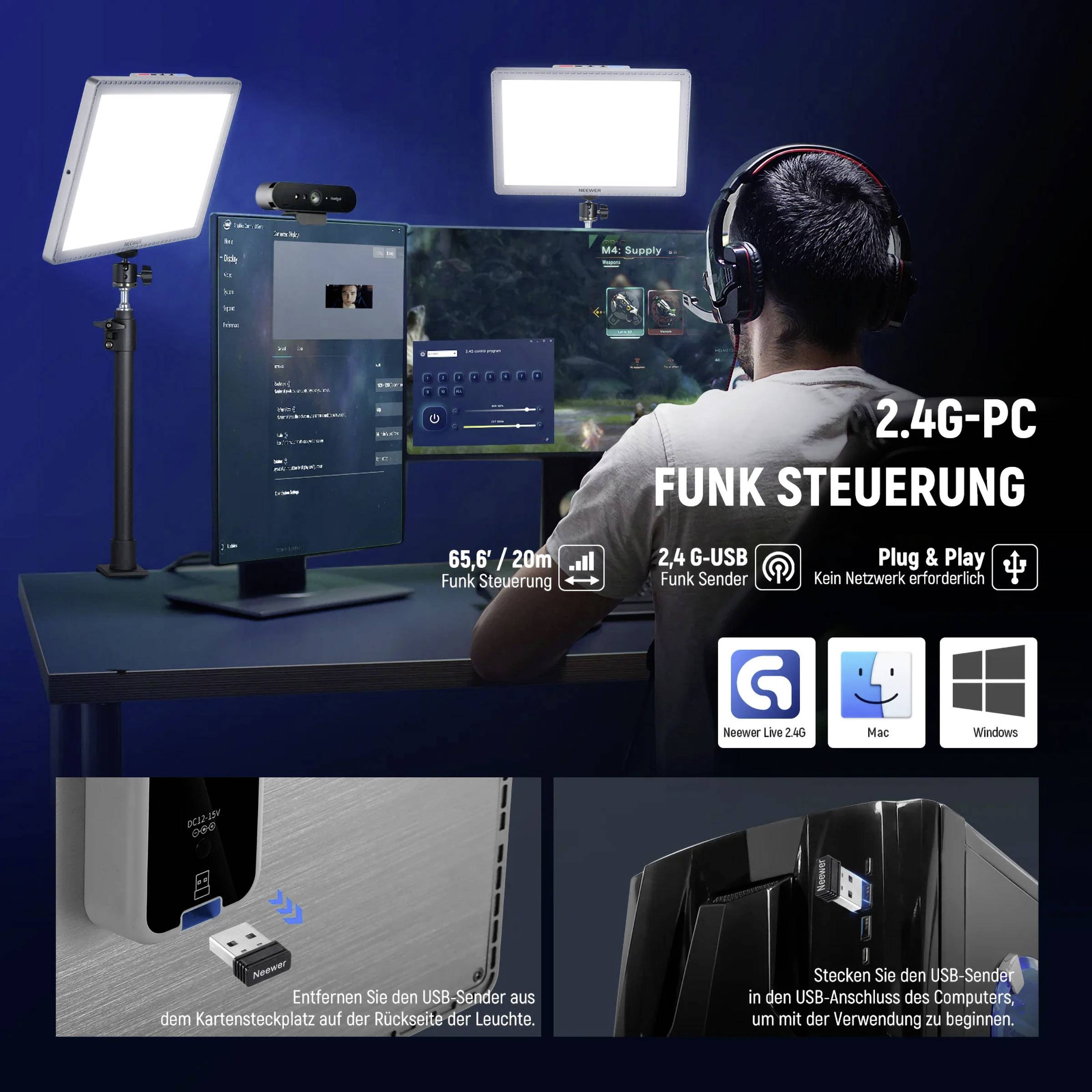 Person am Schreibtisch benutzt PC mit zwei großen Leuchtern. Text erklärt 2,4G-PC-Funksteuerung und USB-Verbindung für Plug & Play.