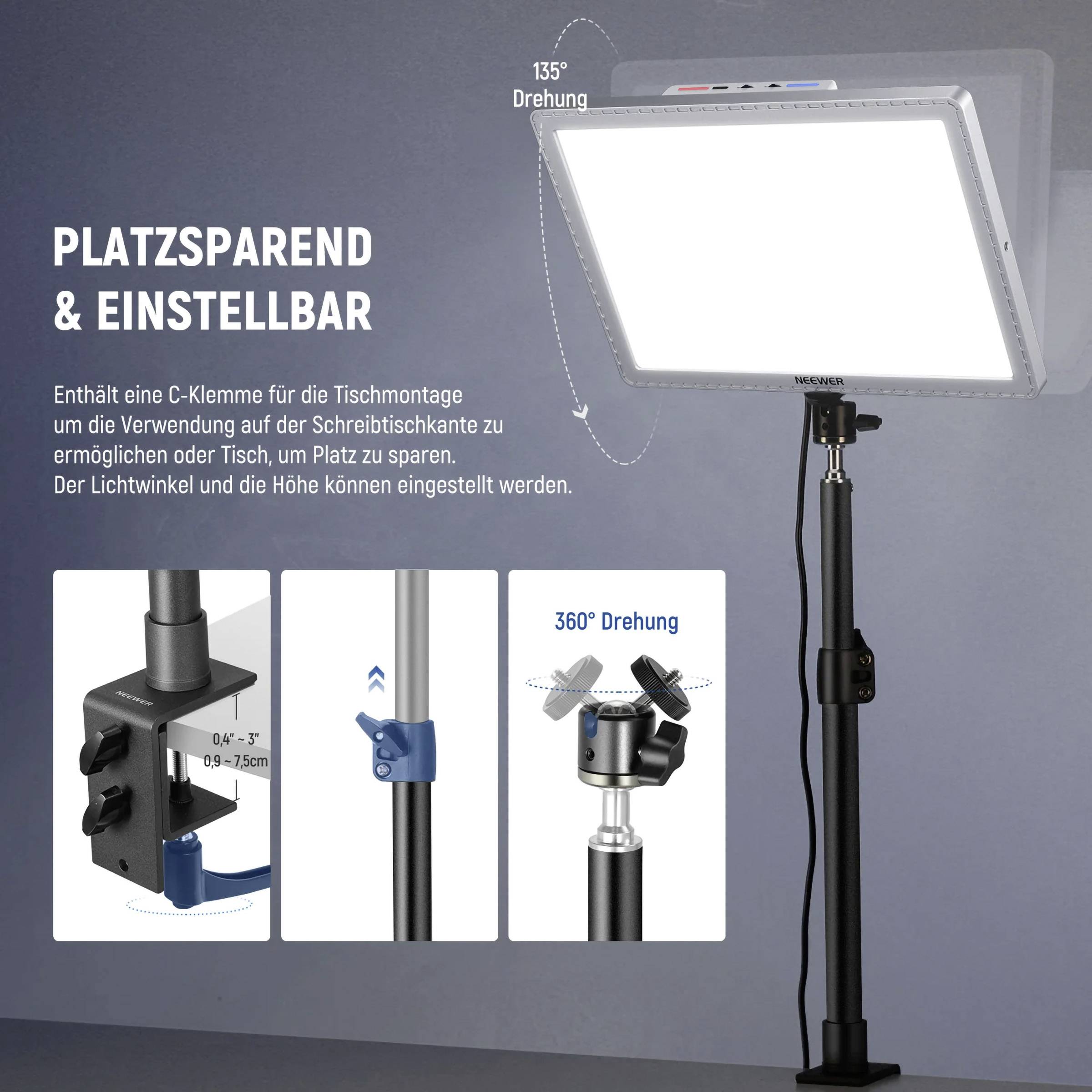 'Platzsparend & einstellbar. Lichtwinkel verstellbar, Tischmontage mit C-Klemme. 135° und 360° Drehung.'