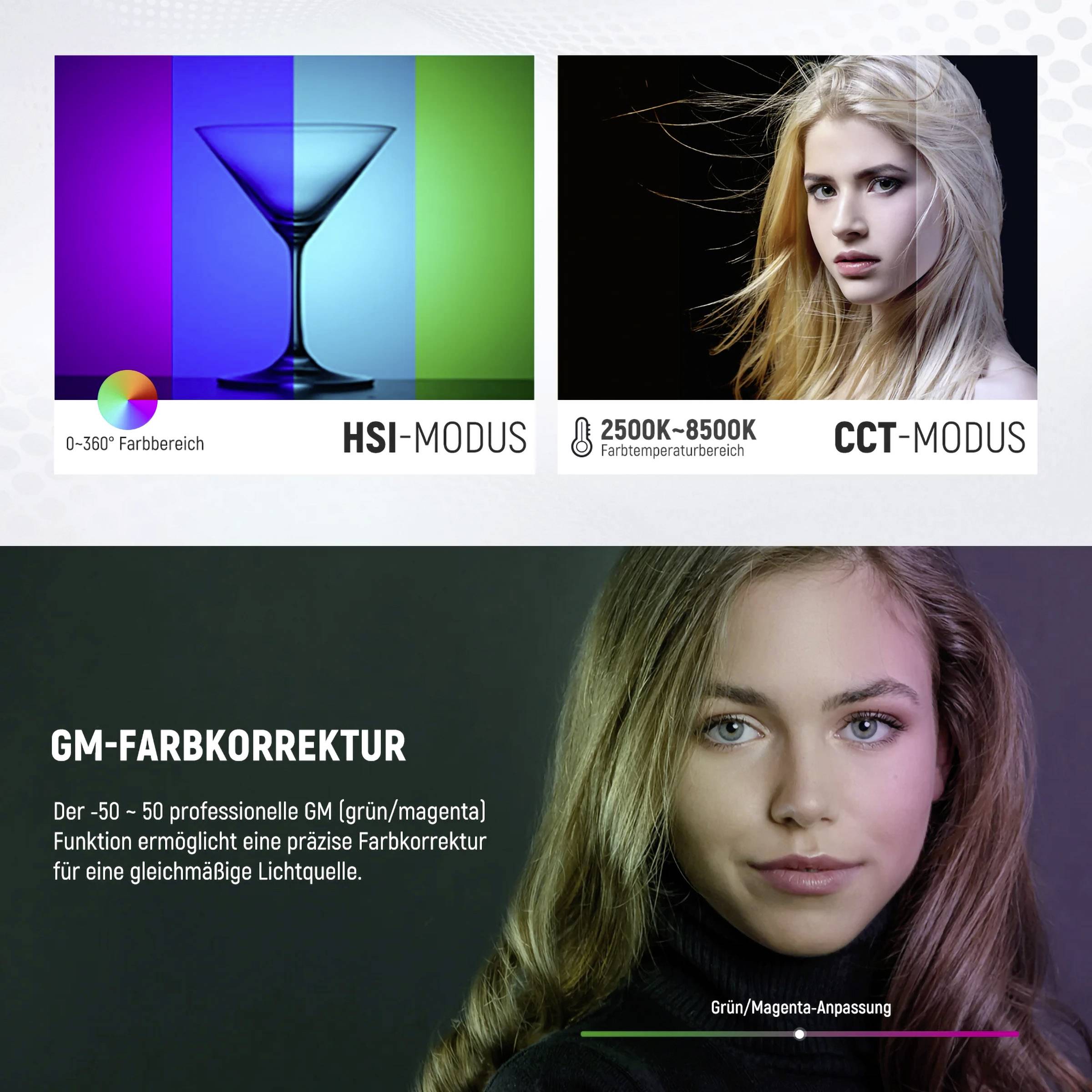Das Bild zeigt zwei Beleuchtungsmodi, HSI-Modus mit Farbrad und CCT-Modus mit Farbtemperatur. Unten ist eine Frau mit GM-Farbkorrektur.