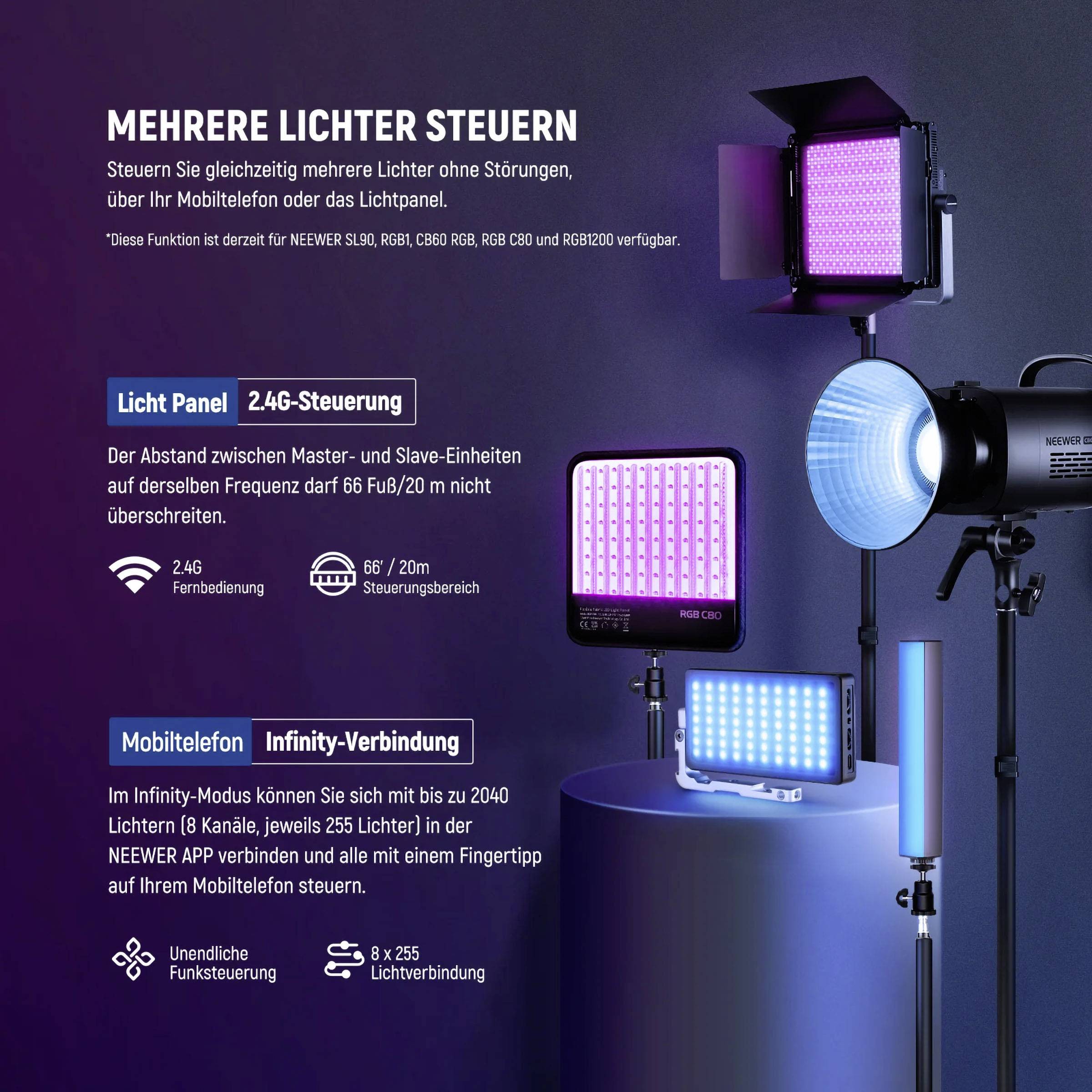 'Mehrere Lichter steuern' mit NEUWE App. Steuerung von RGB, C600, RBG COB Lichtern über 2,4G-Verbindung oder Mobiltelefon.