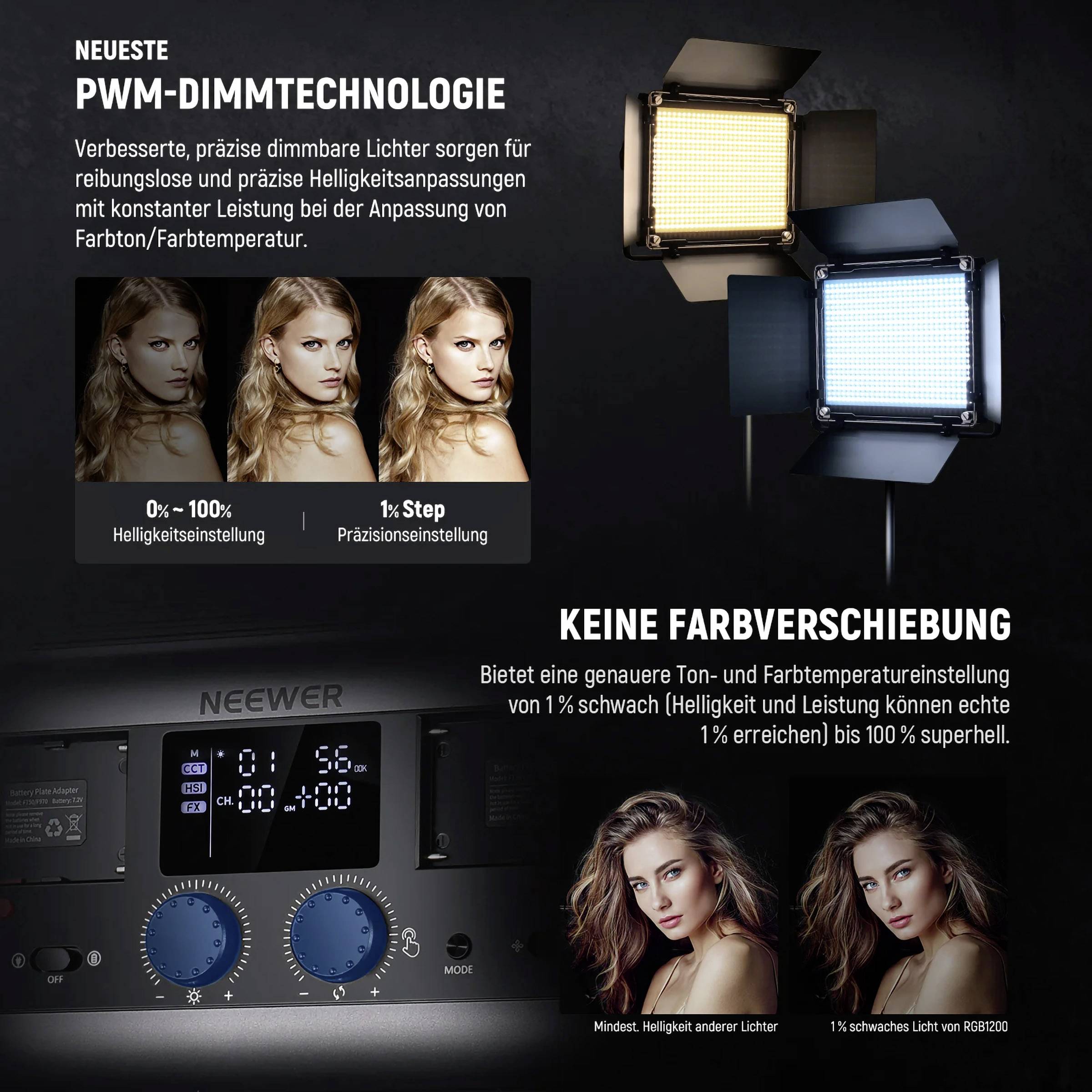 'Neuestes PWM-Dimmtechnologie': Zwei Lichter mit präziser Helligkeitsanpassung; kein Flimmern oder Farbverschiebung.