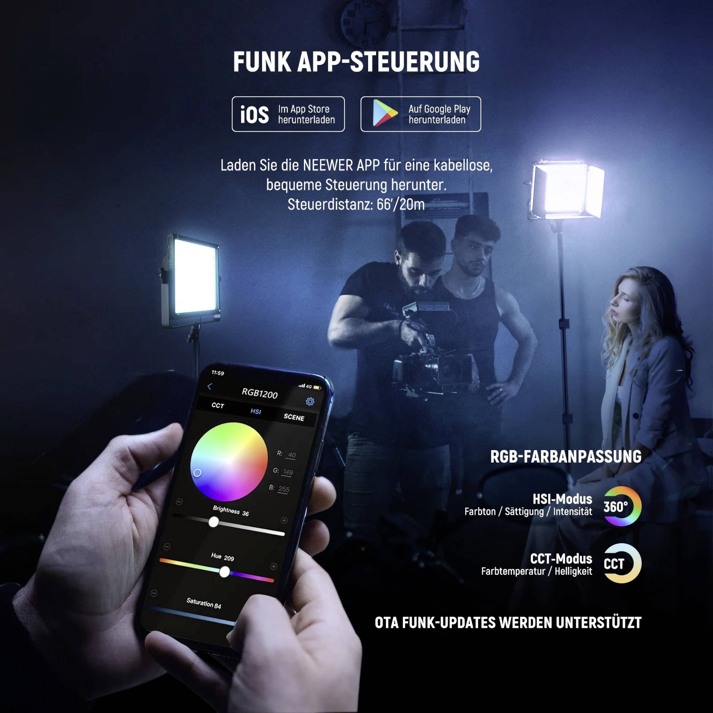 Kamera-Crew filmt eine Frau; Bildschirm zeigt App-Steuerung zur Lichtanpassung; Details zu Farbmodi und Steuerungsoptionen auf dem Bild.