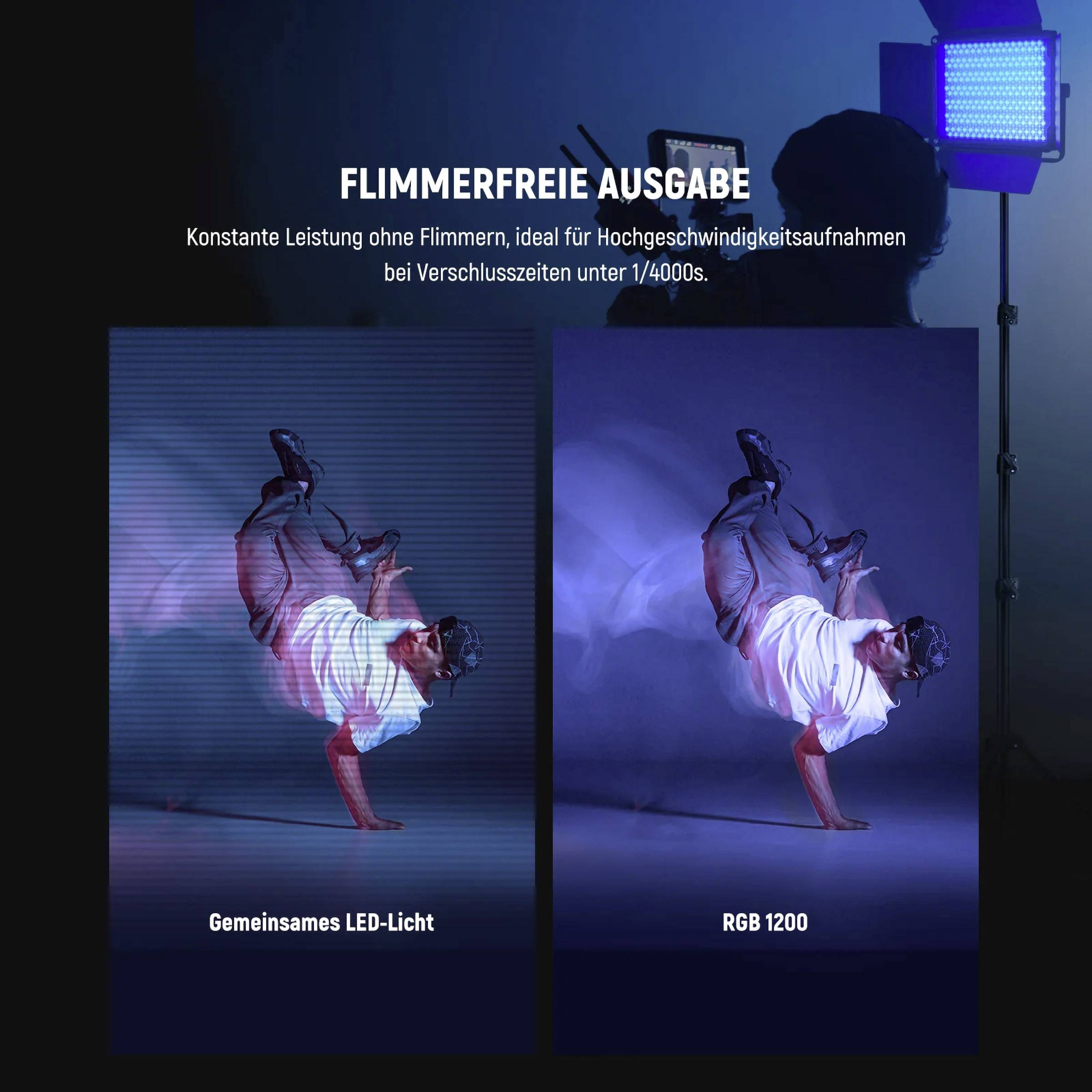 Konstante Leistung ohne Flimmern für Hochgeschwindigkeitsaufnahmen. Vergleich von LED-Licht: 'Gemeinsames LED-Licht' vs. 'RGB 1200'.