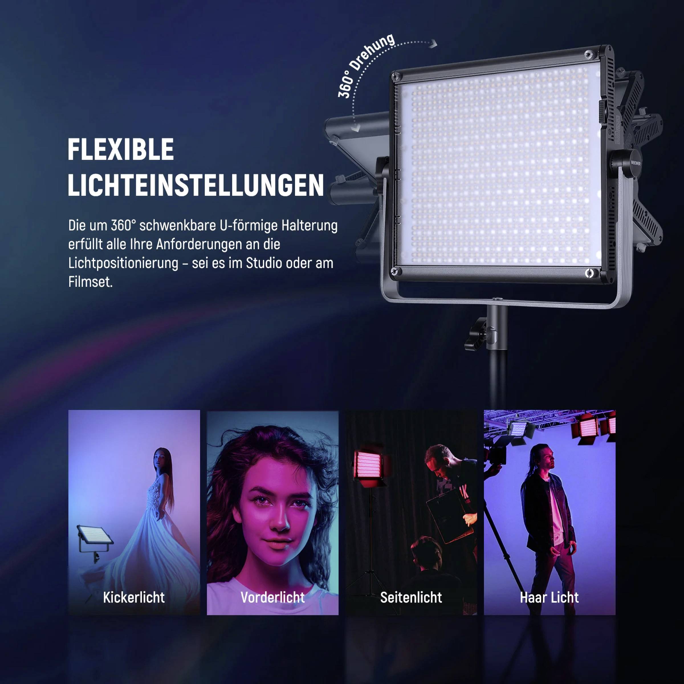 'Flexible Lichteinstellungen' steht links neben einem rechteckigen LED-Licht mit 360°-Drehfunktion. Unten sind vier Bilder mit verschiedenen Lichtszenarien: Kickerlicht, Vorderlicht, Seitenlicht, Haarlicht.