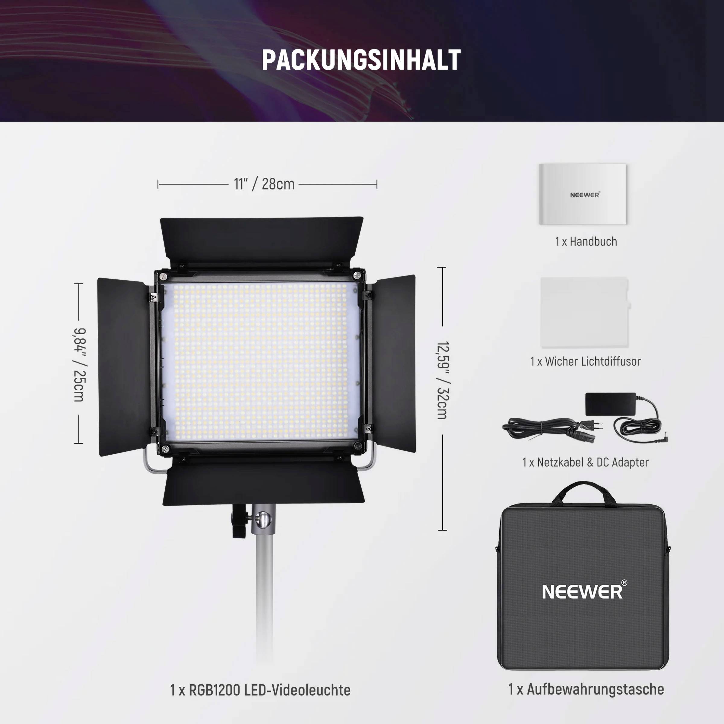 'Packungsinhalt' zeigt eine LED-Videoleuchte, Handbuch, Lichtdiffusor, Netzkabel mit DC-Adapter und Aufbewahrungstasche.