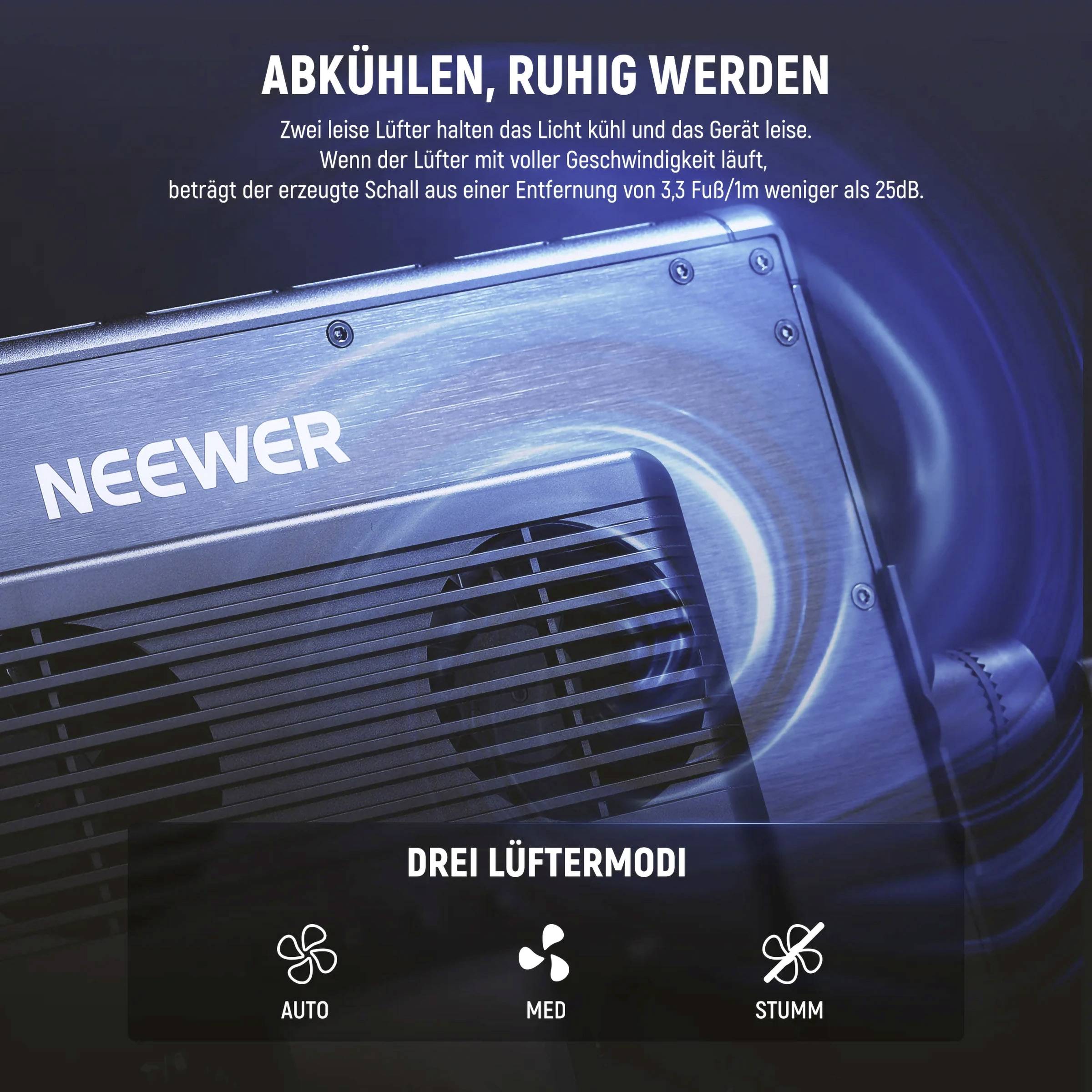 'NEEWER' Lüfter auf dunklem Hintergrund. Text oben: 'Abkühlen, ruhig werden'. Drei Lüftermodi unten: Auto, Med, Stumm.