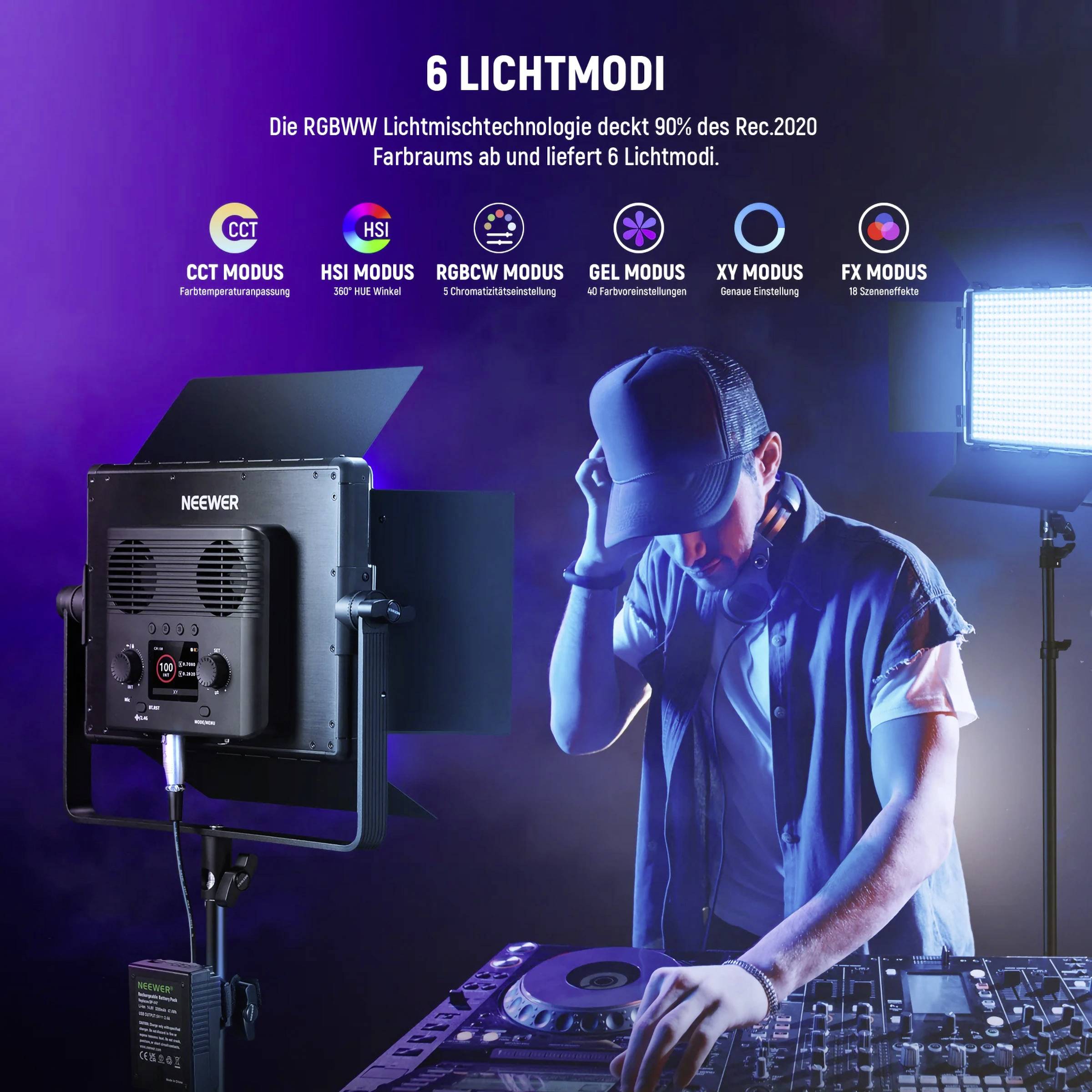 DJ steht an Mischpult, umgeben von Lichteffekten. Beleuchtungsgeräte im Hintergrund, Text: '6 Lichtmodi' und Modusbeschreibungen.