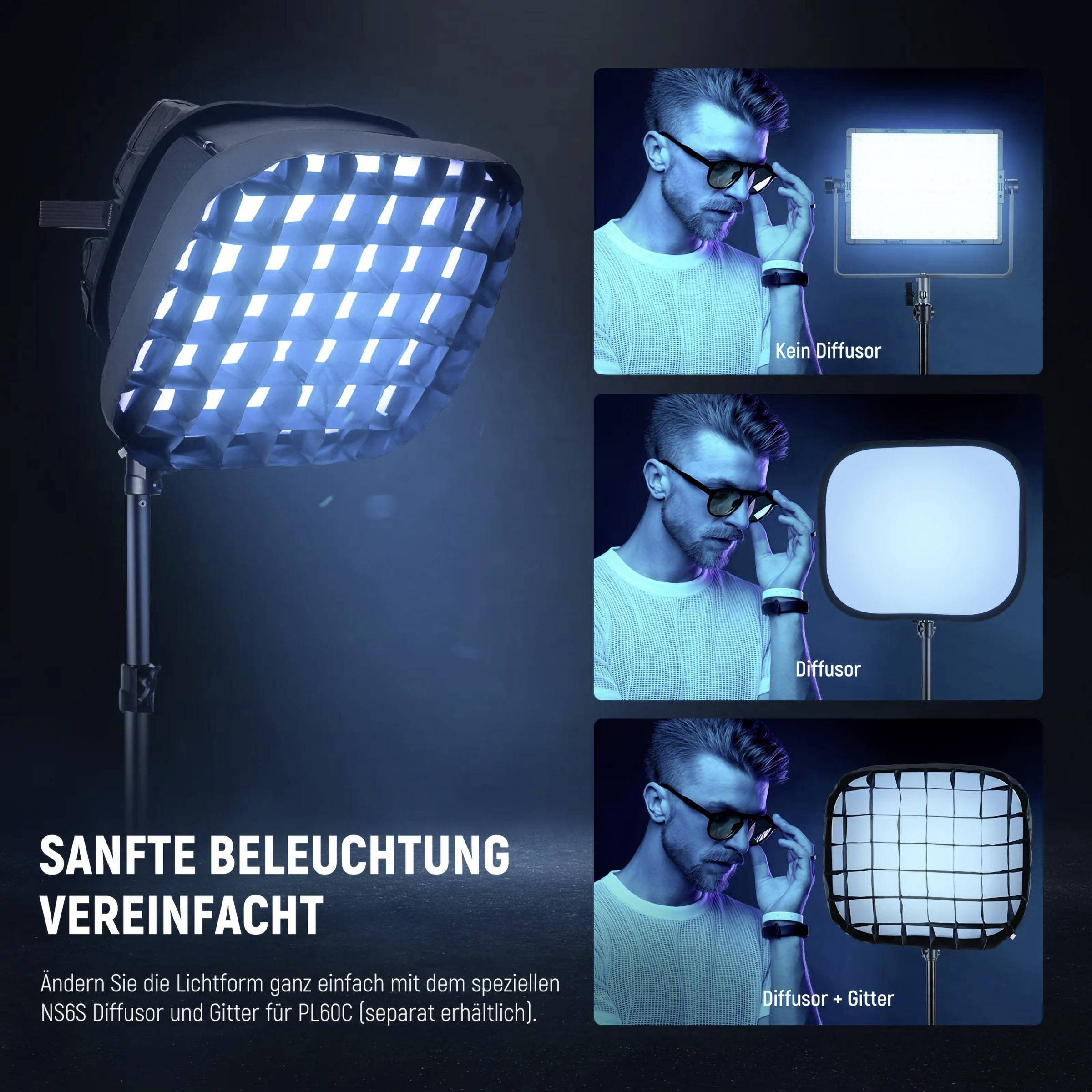 'Sanfte Beleuchtung vereinfacht: Ändern Sie die Lichtform mit dem speziellen NS06 Diffusor und Gitter für PL60C. Kein Diffusor, Diffusor, Diffusor + Gitter.'