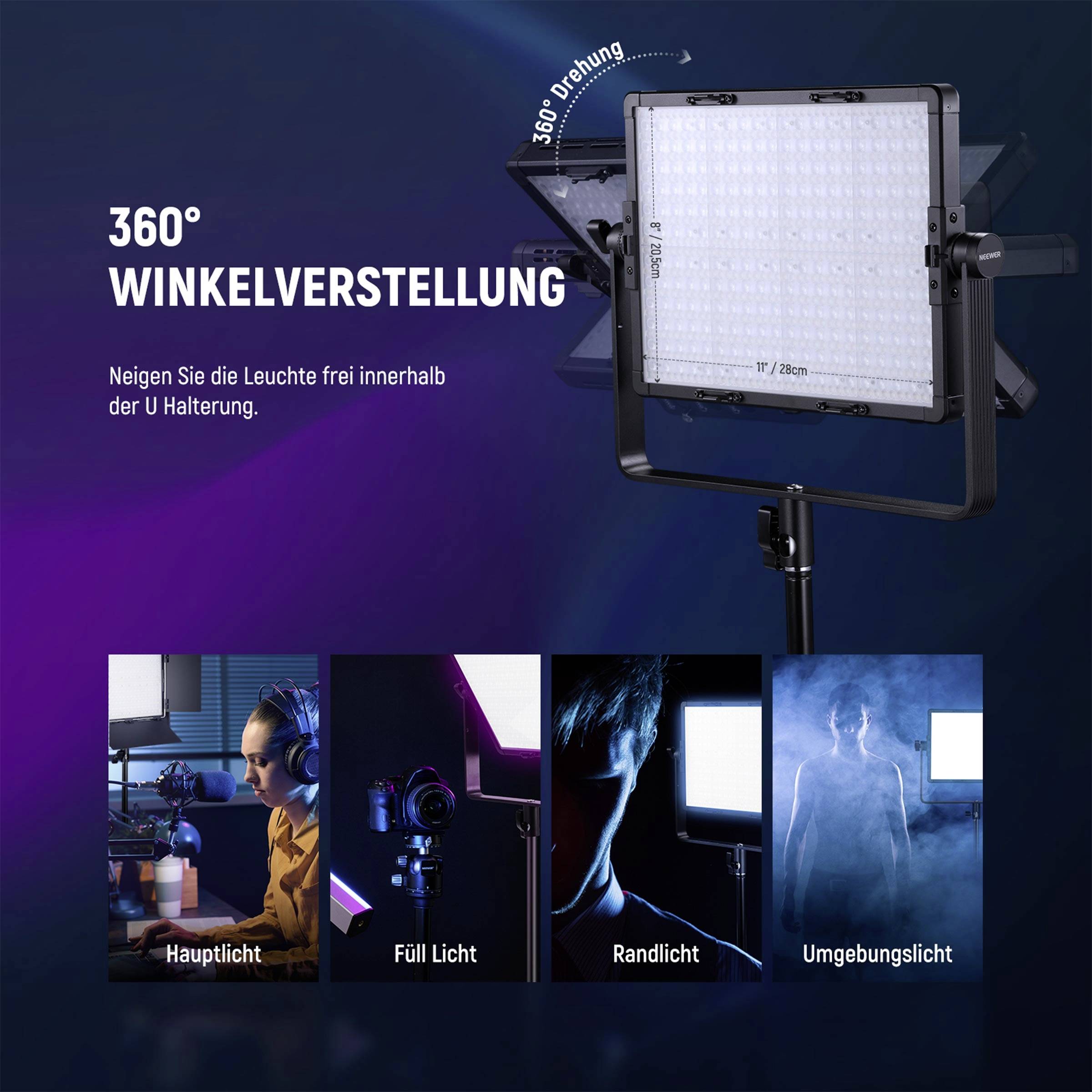 Studioleuchte mit 360°-Winkelverstellung für vielseitige Beleuchtung: Hauptlicht, Fülllicht, Randlicht, Umgebungslicht.