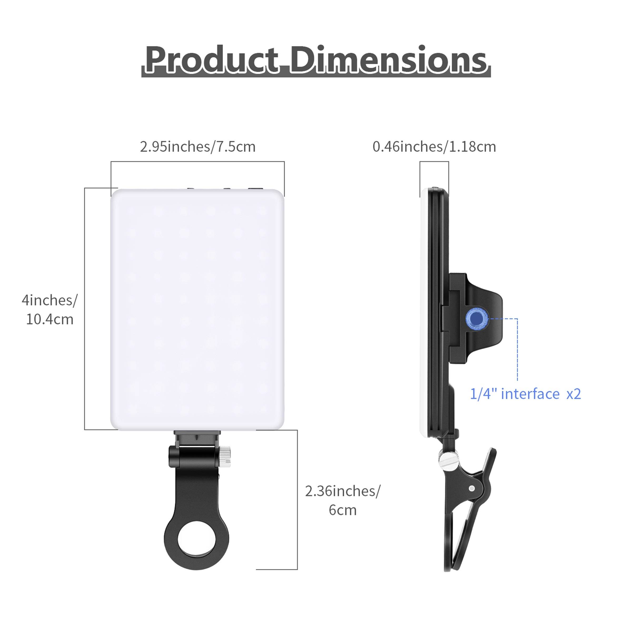 LED-Lampe mit Klemme, Produktmaße: 10,4 cm x 7,5 cm x 1,18 cm, zeigt die Vorder- und Seitenansicht mit Befestigungshinweis.