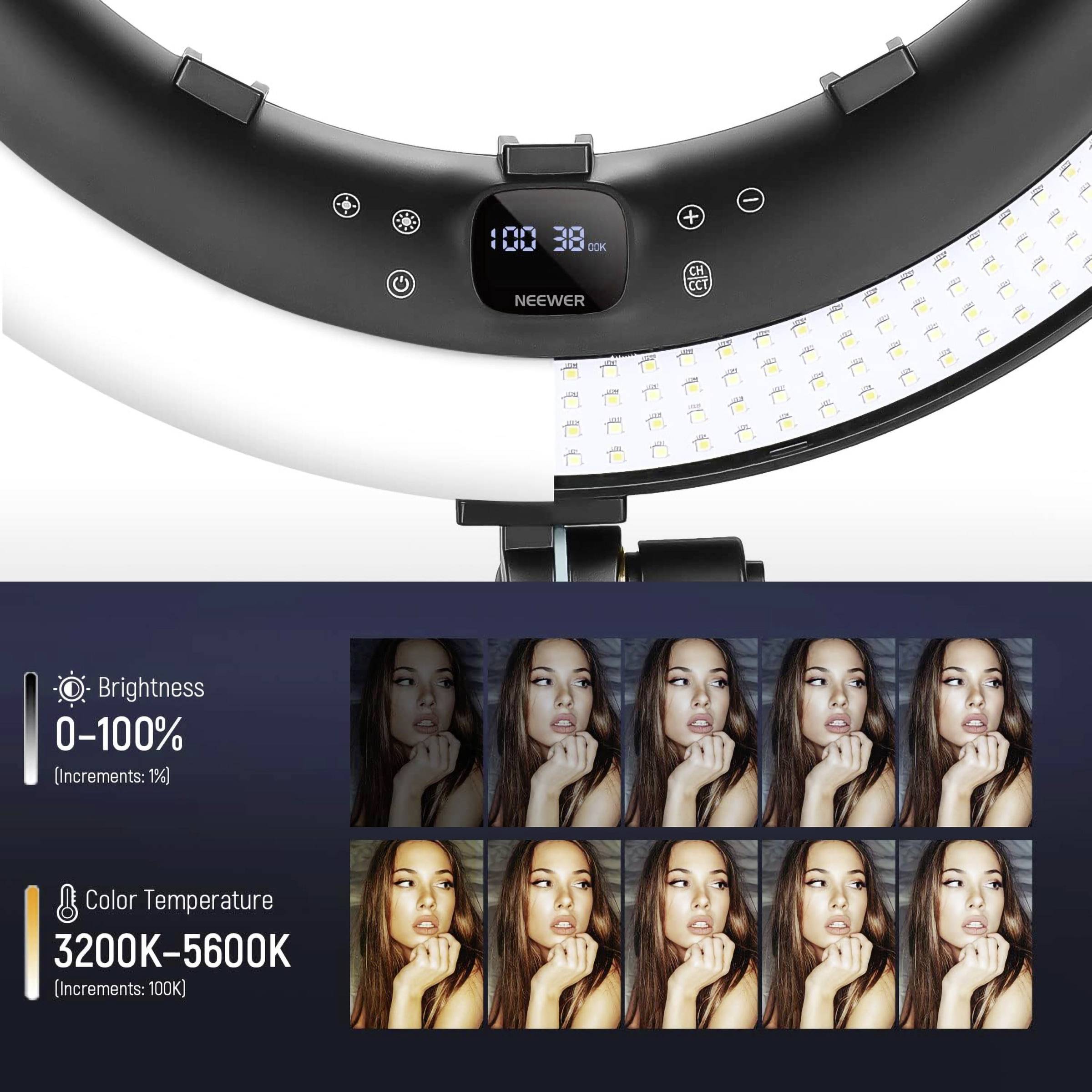 Ein ringförmiges LED-Licht mit Helligkeitseinstellungen von 0-100% und Farbtemperatur von 3200K-5600K. Beispielbilder zeigen Beleuchtungseffekte.